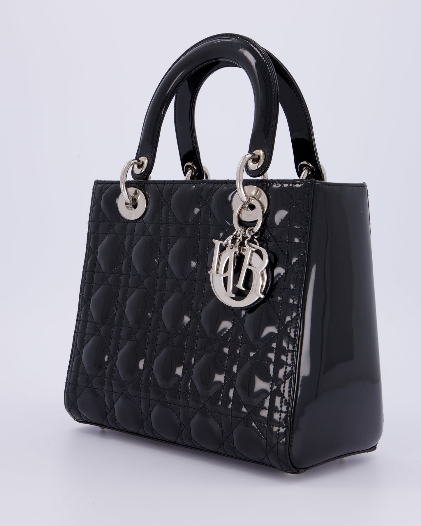 Christian Dior Black Patent Medium Lady Dior Bag with Silver Hardware