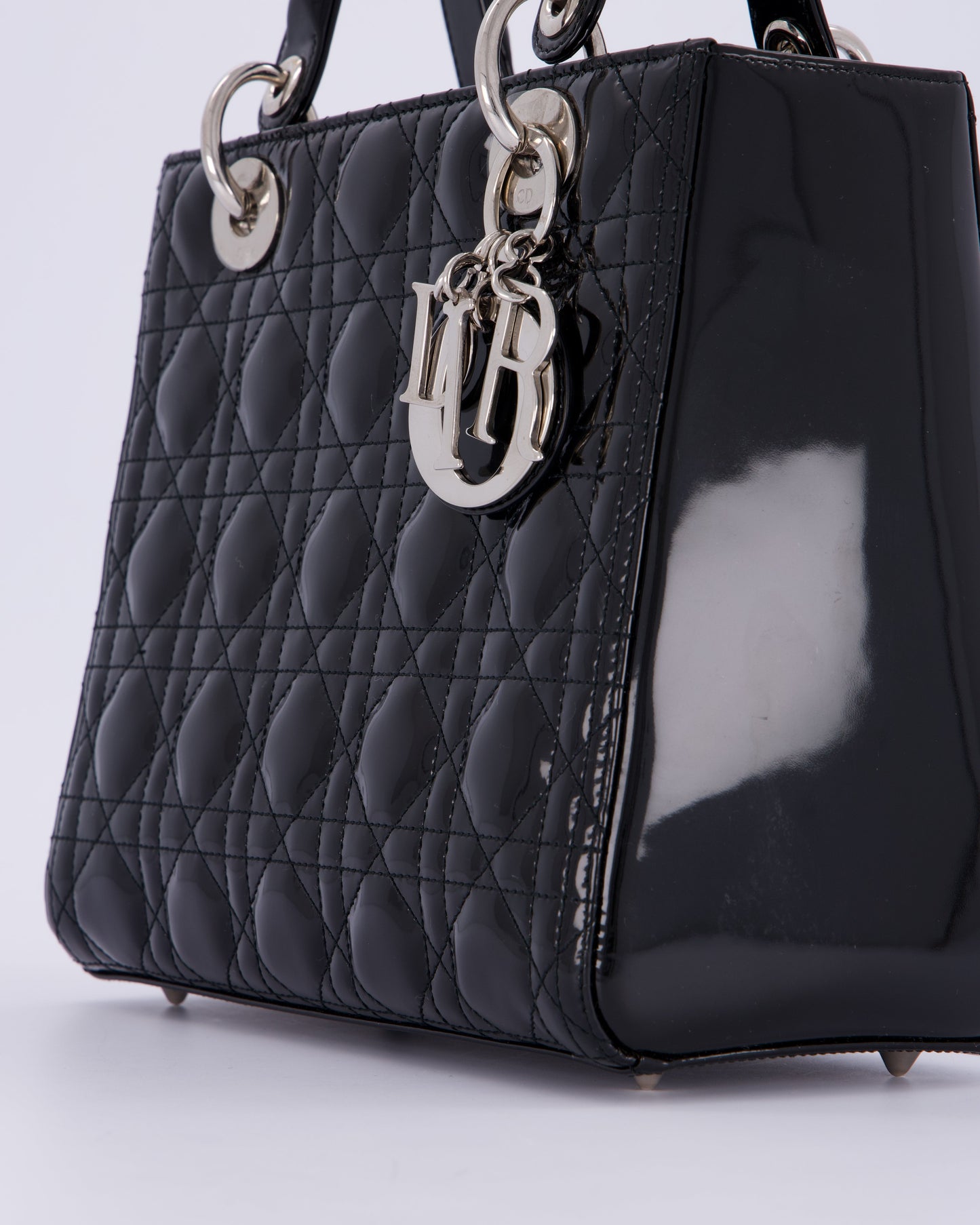 Christian Dior Black Patent Medium Lady Dior Bag with Silver Hardware