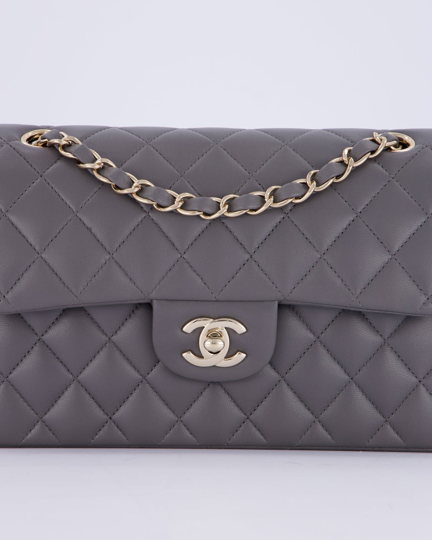 Chanel Dark Grey Small Classic Double Flap Bag in Lambskin Leather with Champagne Gold Hardware