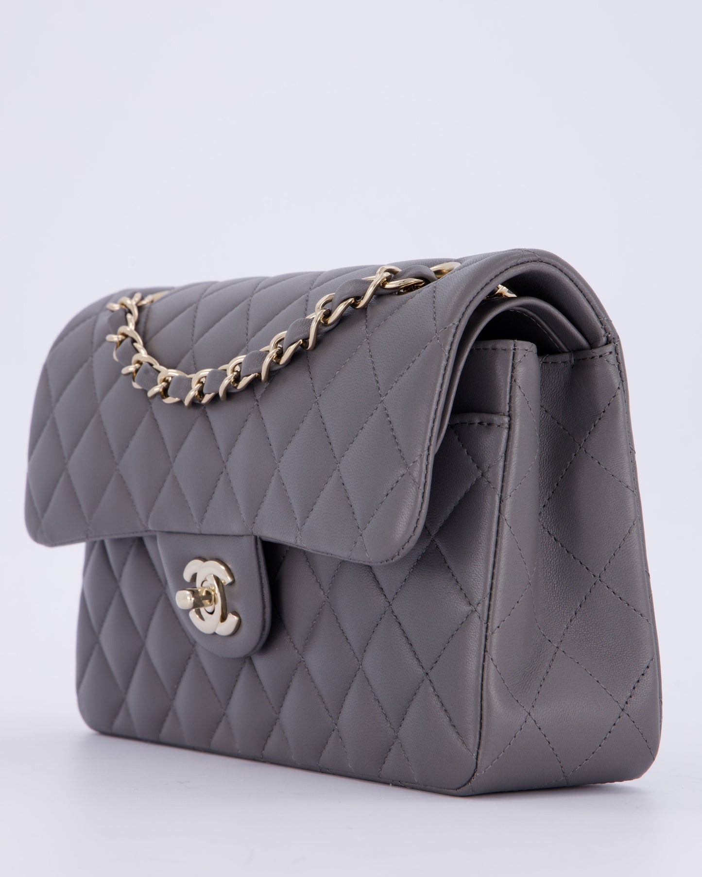 Chanel Dark Grey Small Classic Double Flap Bag in Lambskin Leather with Champagne Gold Hardware