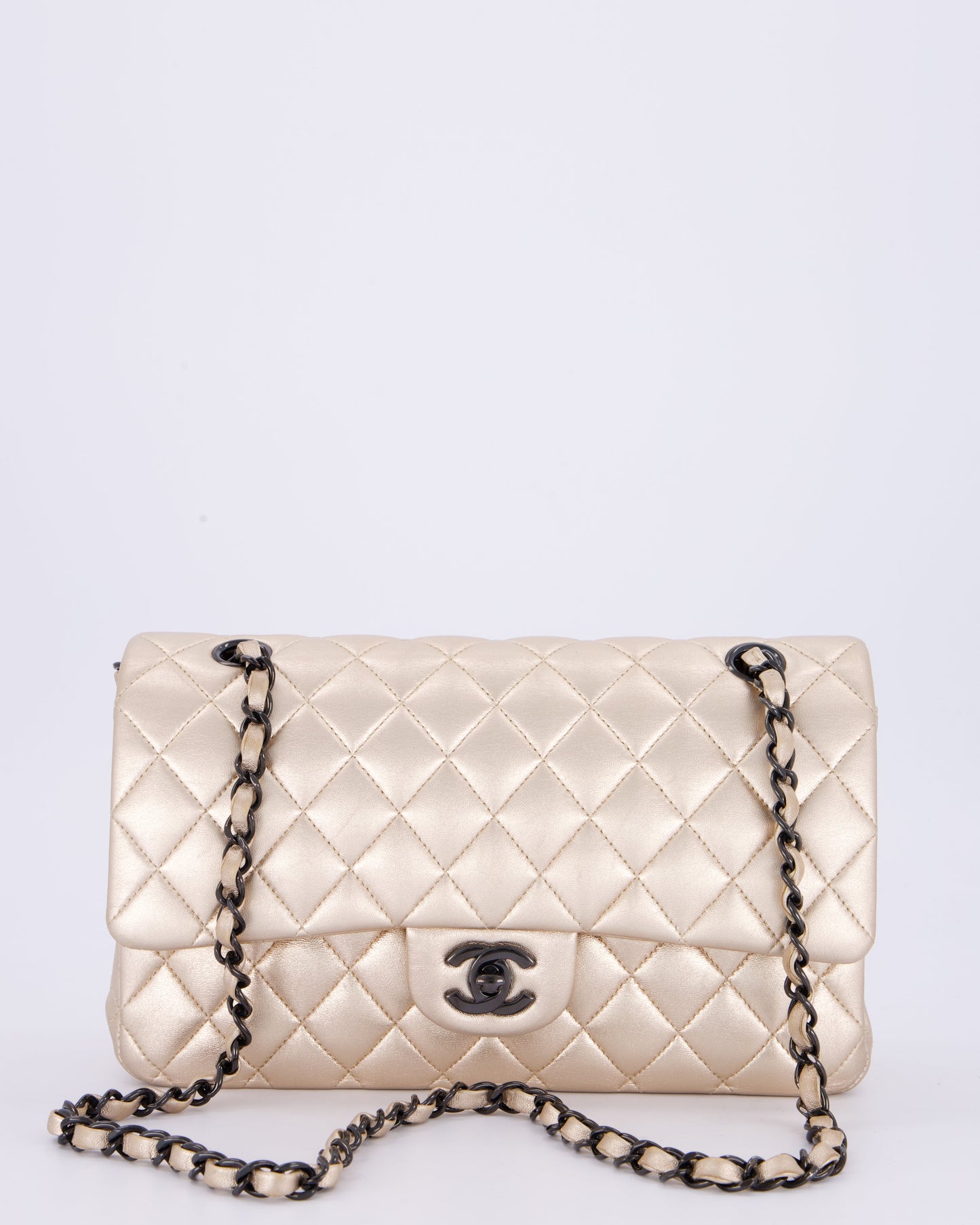 Chanel Metallic Gold Medium Classic Double Flap Bag in Lambskin Leather with So Black Hardware