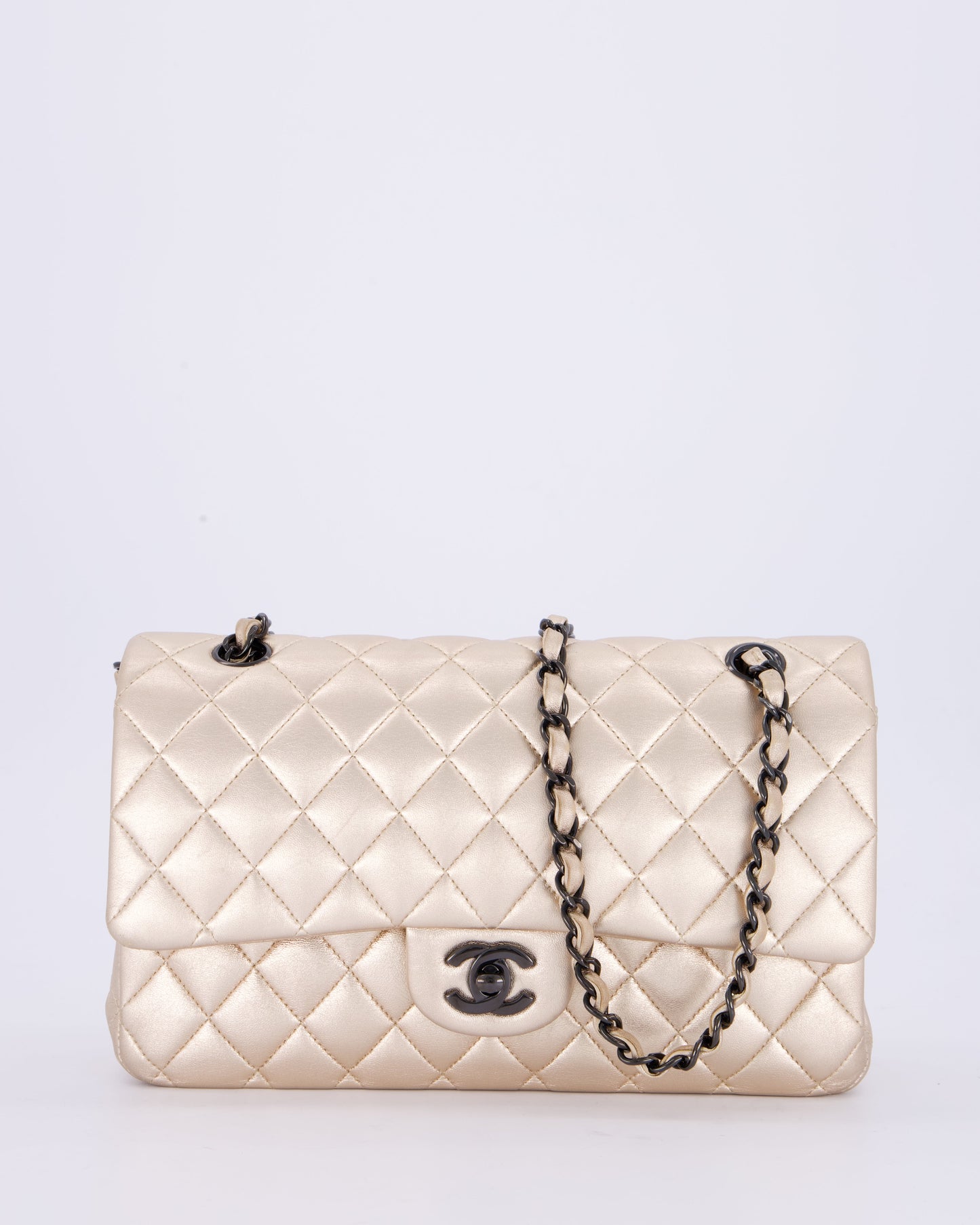 Chanel Metallic Gold Medium Classic Double Flap Bag in Lambskin Leather with So Black Hardware