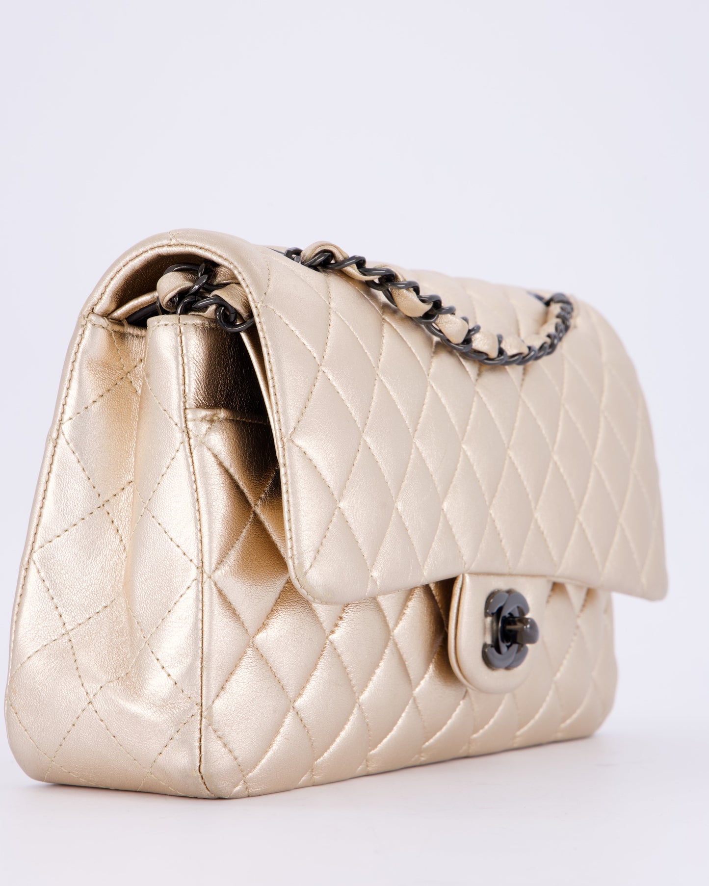 Chanel Metallic Gold Medium Classic Double Flap Bag in Lambskin Leather with So Black Hardware