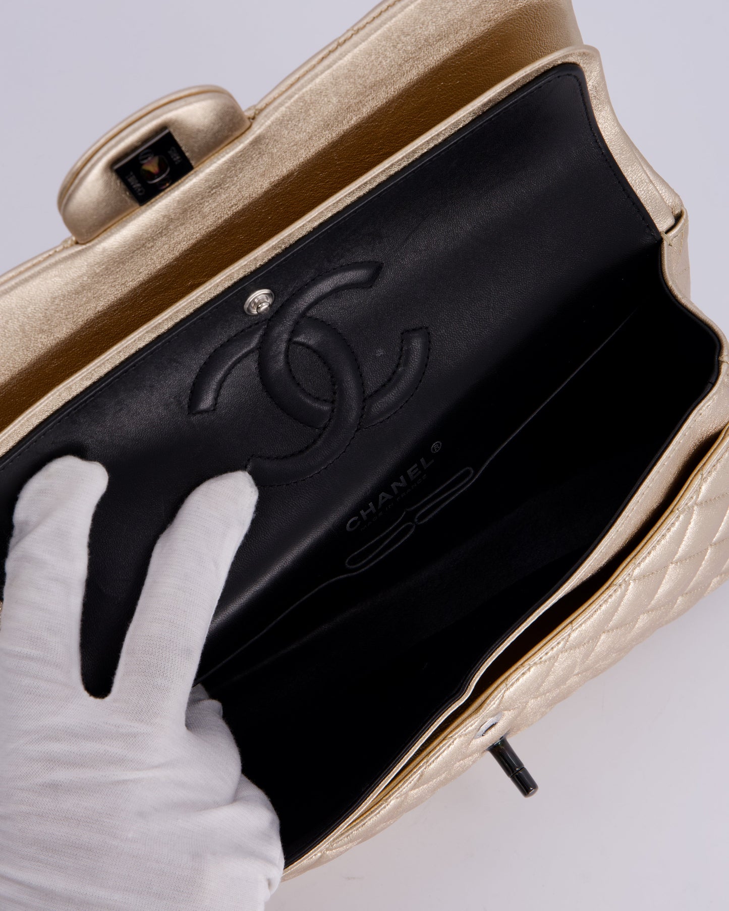 Chanel Metallic Gold Medium Classic Double Flap Bag in Lambskin Leather with So Black Hardware
