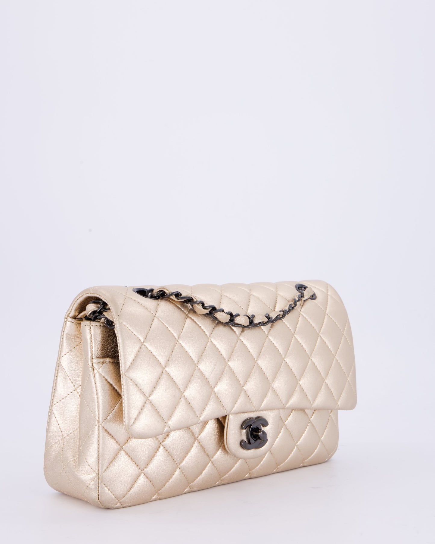 Chanel Metallic Gold Medium Classic Double Flap Bag in Lambskin Leather with So Black Hardware