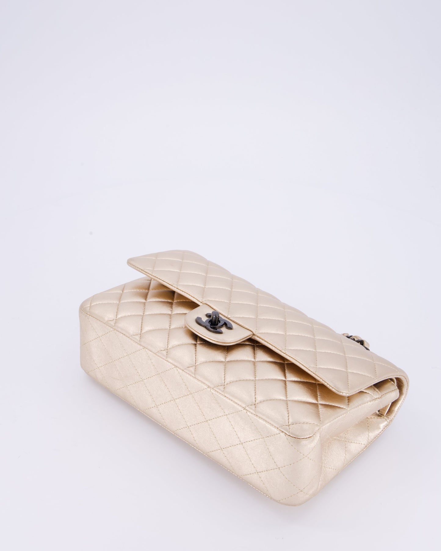 Chanel Metallic Gold Medium Classic Double Flap Bag in Lambskin Leather with So Black Hardware