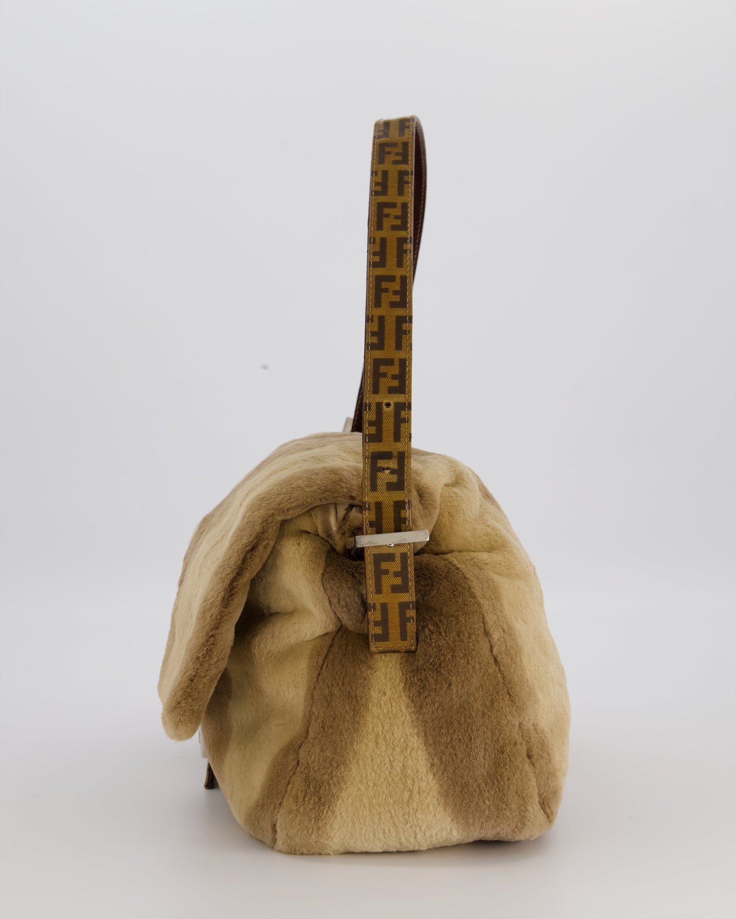 Fendi Vintage Medium Mamma Baguette Bag in Beige Rabbit Fur with Silver Hardware & Brown FF Strap