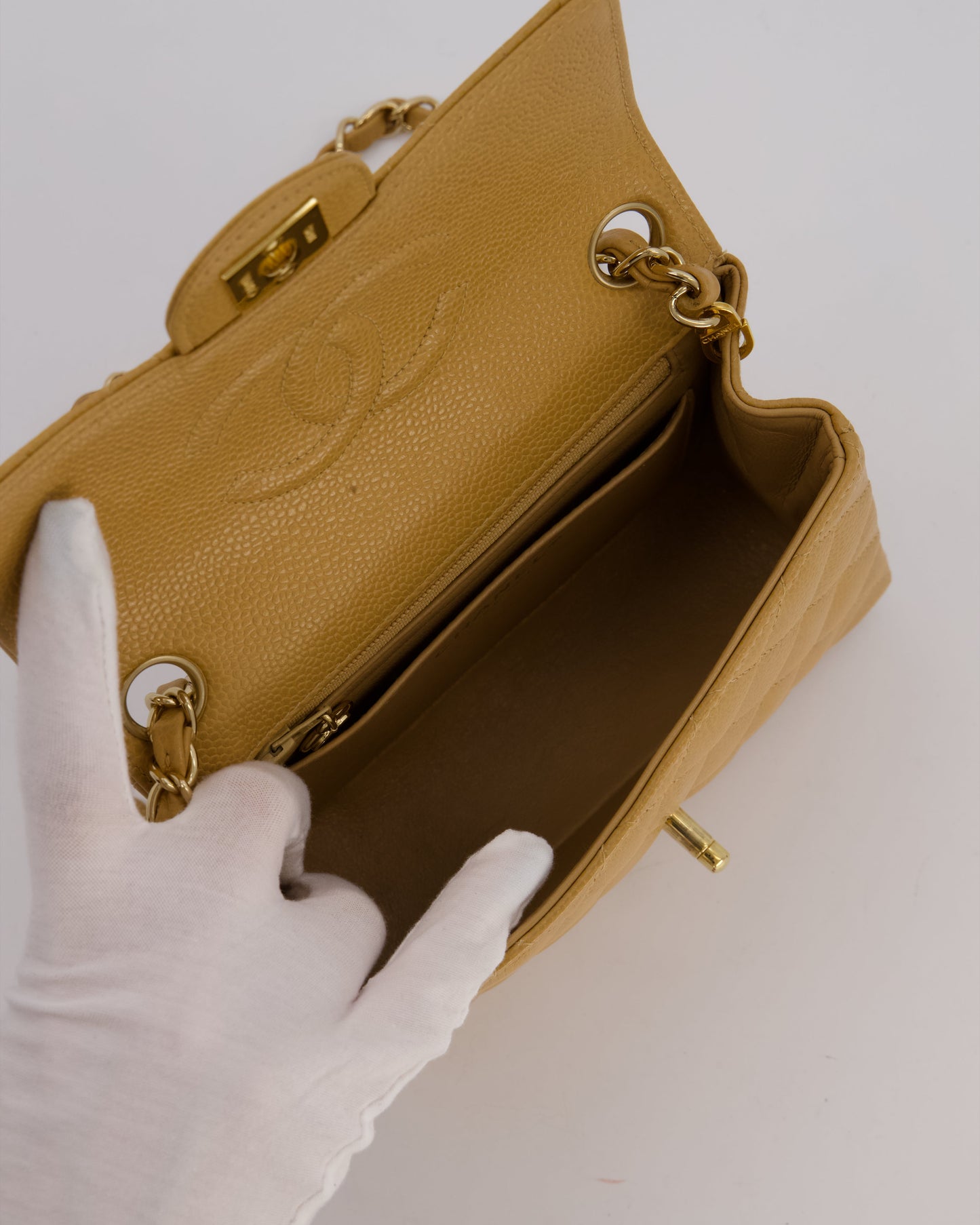 Chanel Mini Square Single Flap Bag In Caramel Caviar Leather With 24K Gold Hardware