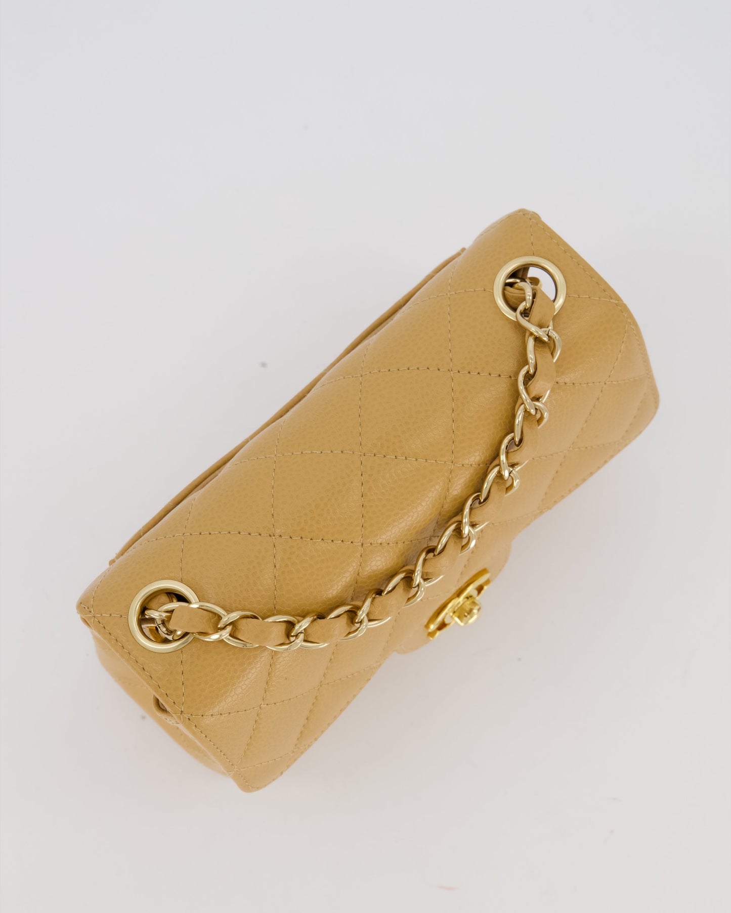 Chanel Mini Square Single Flap Bag In Caramel Caviar Leather With 24K Gold Hardware