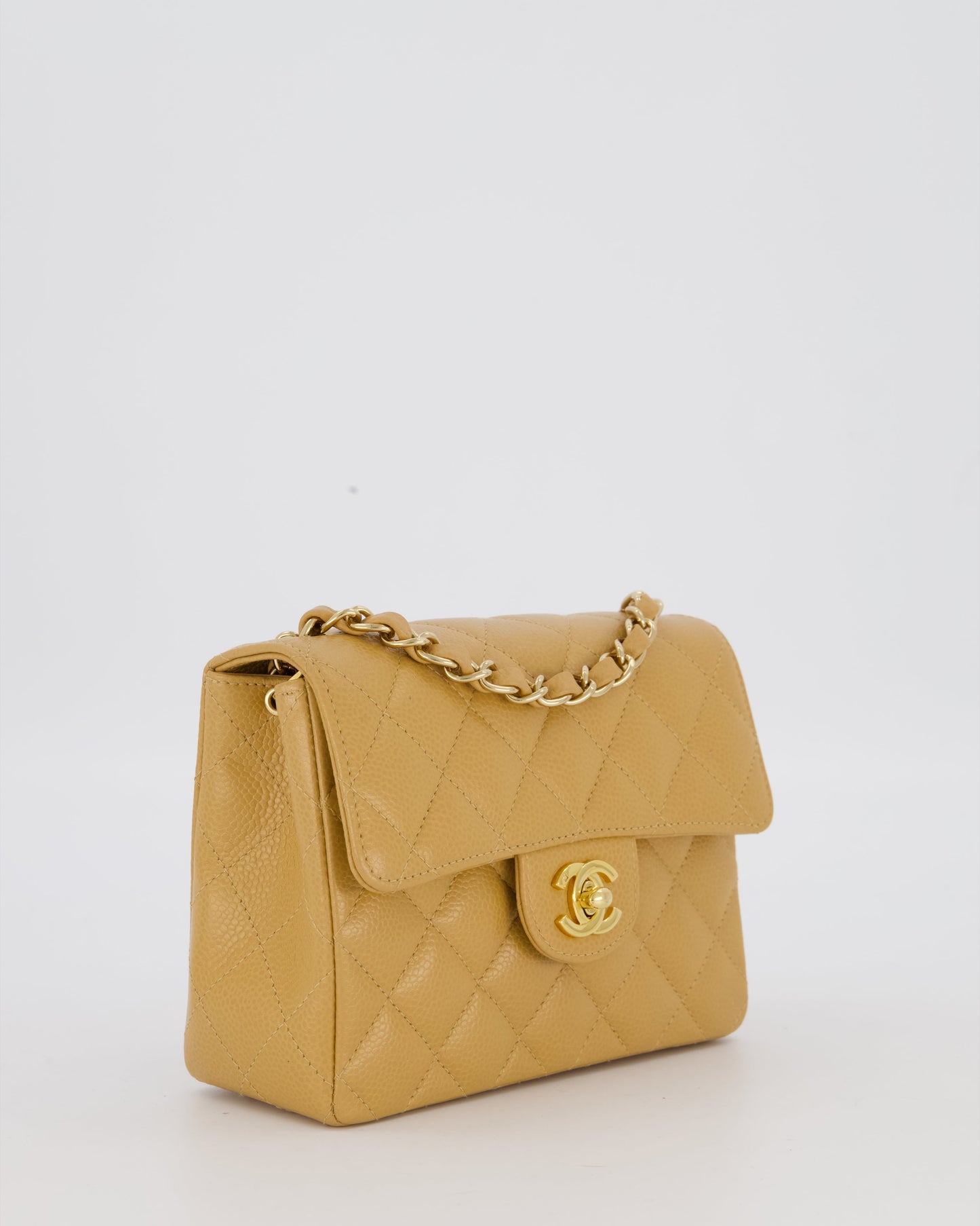 Chanel Mini Square Single Flap Bag In Caramel Caviar Leather With 24K Gold Hardware