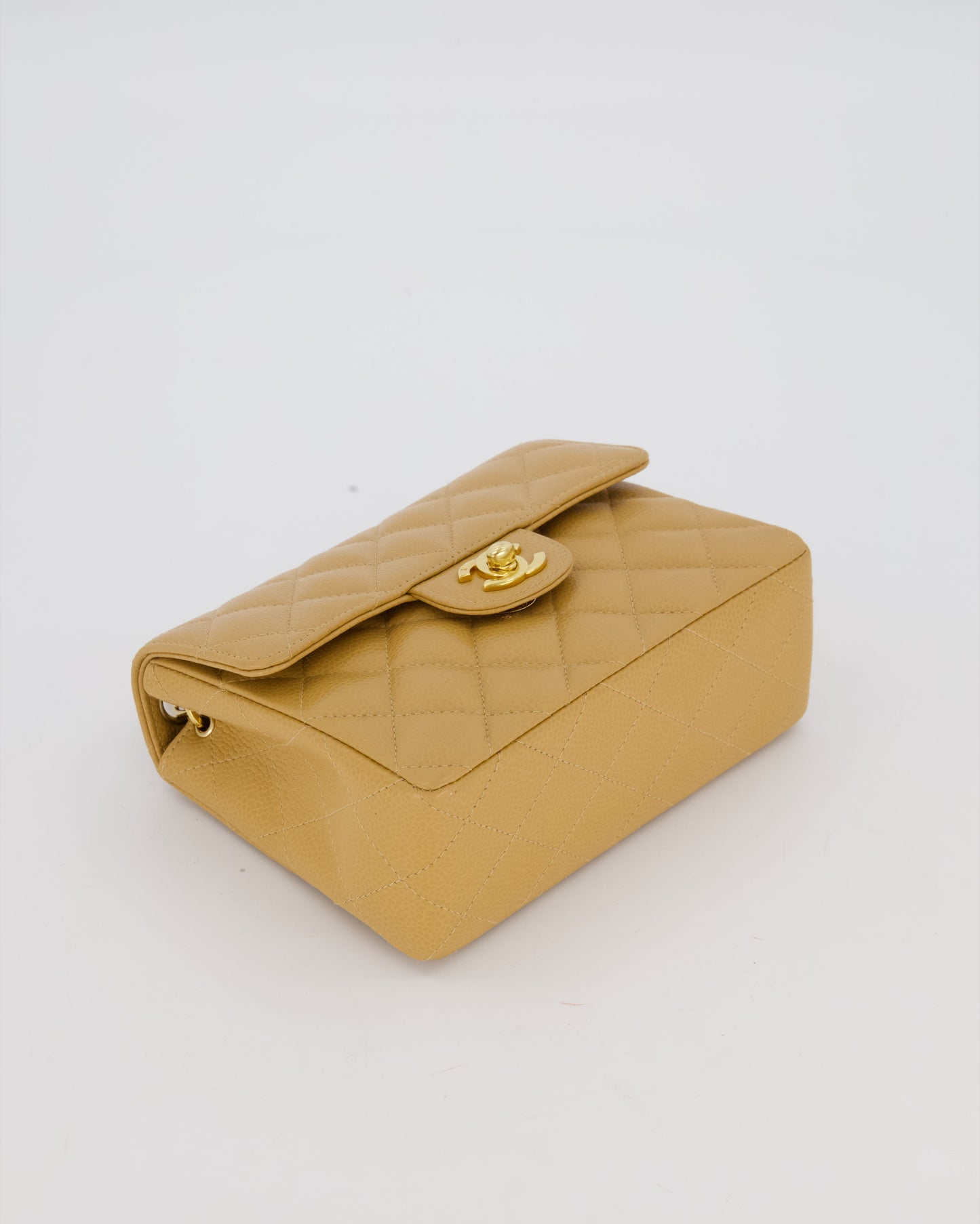 Chanel Mini Square Single Flap Bag In Caramel Caviar Leather With 24K Gold Hardware
