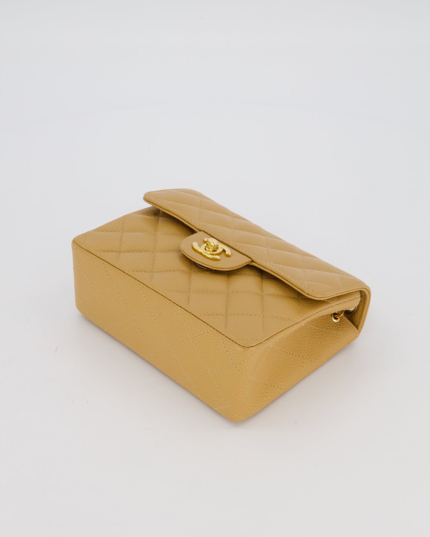 Chanel Mini Square Single Flap Bag In Caramel Caviar Leather With 24K Gold Hardware