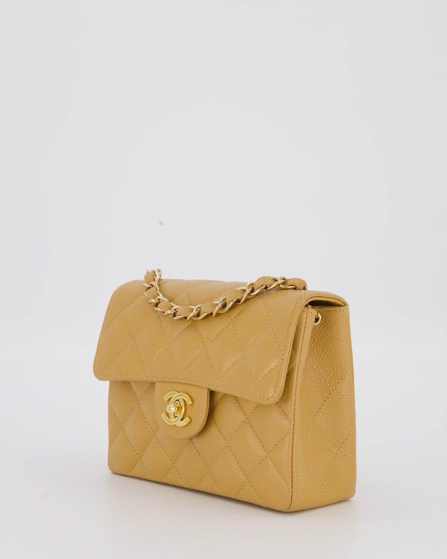Chanel Mini Square Single Flap Bag In Caramel Caviar Leather With 24K Gold Hardware