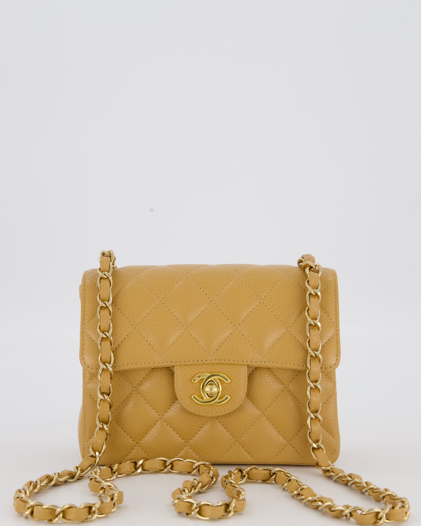 Chanel Mini Square Single Flap Bag In Caramel Caviar Leather With 24K Gold Hardware