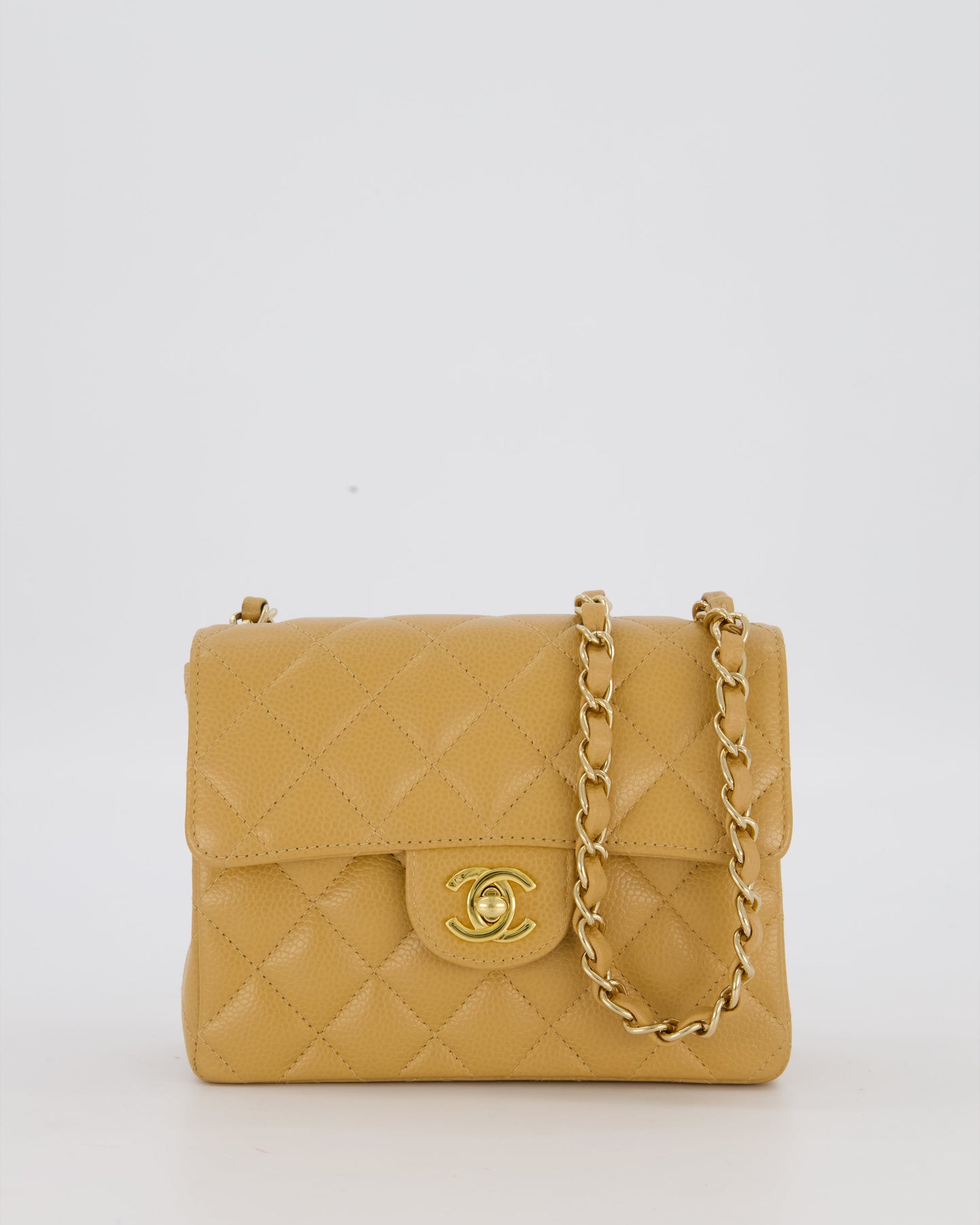 Chanel Mini Square Single Flap Bag In Caramel Caviar Leather With 24K Gold Hardware