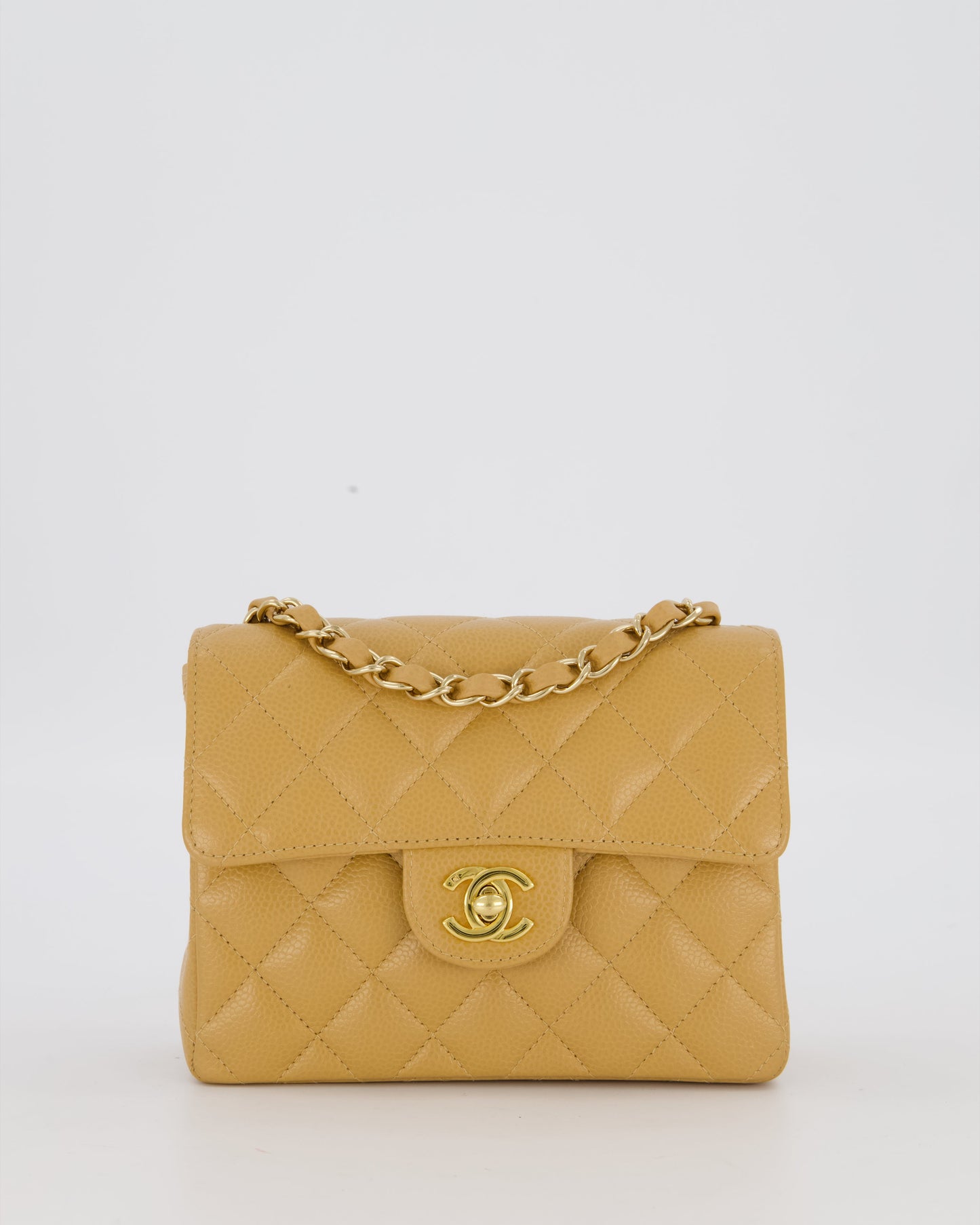 Chanel Mini Square Single Flap Bag In Caramel Caviar Leather With 24K Gold Hardware