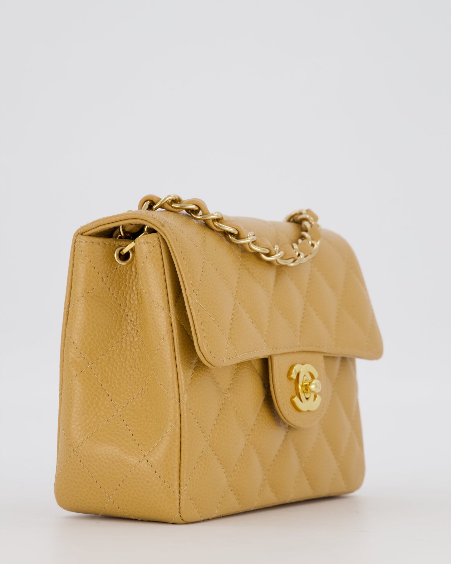 Chanel Mini Square Single Flap Bag In Caramel Caviar Leather With 24K Gold Hardware