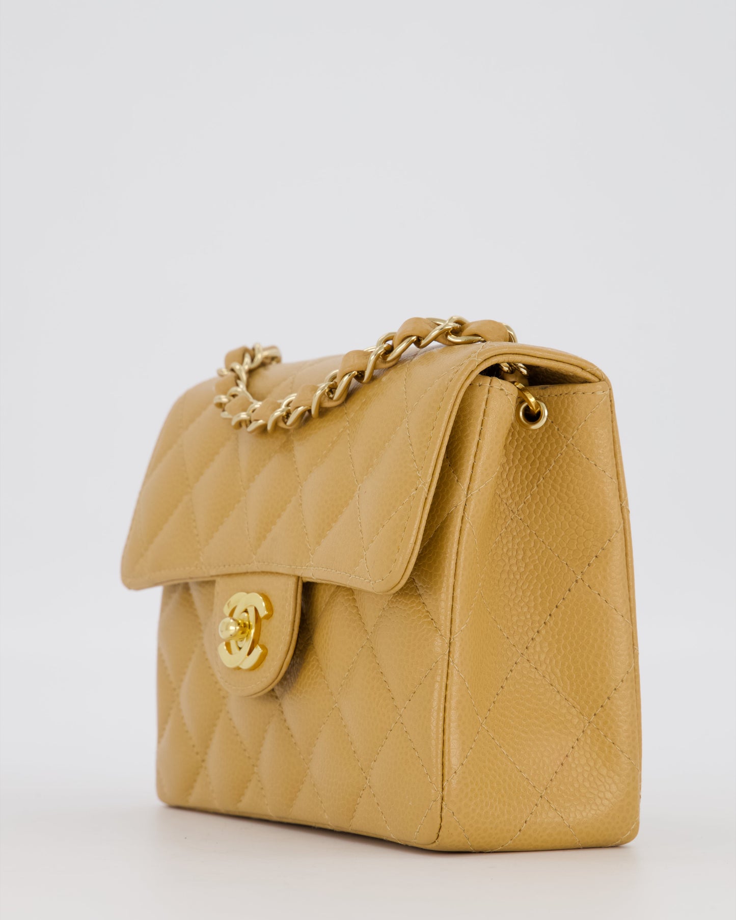 Chanel Mini Square Single Flap Bag In Caramel Caviar Leather With 24K Gold Hardware