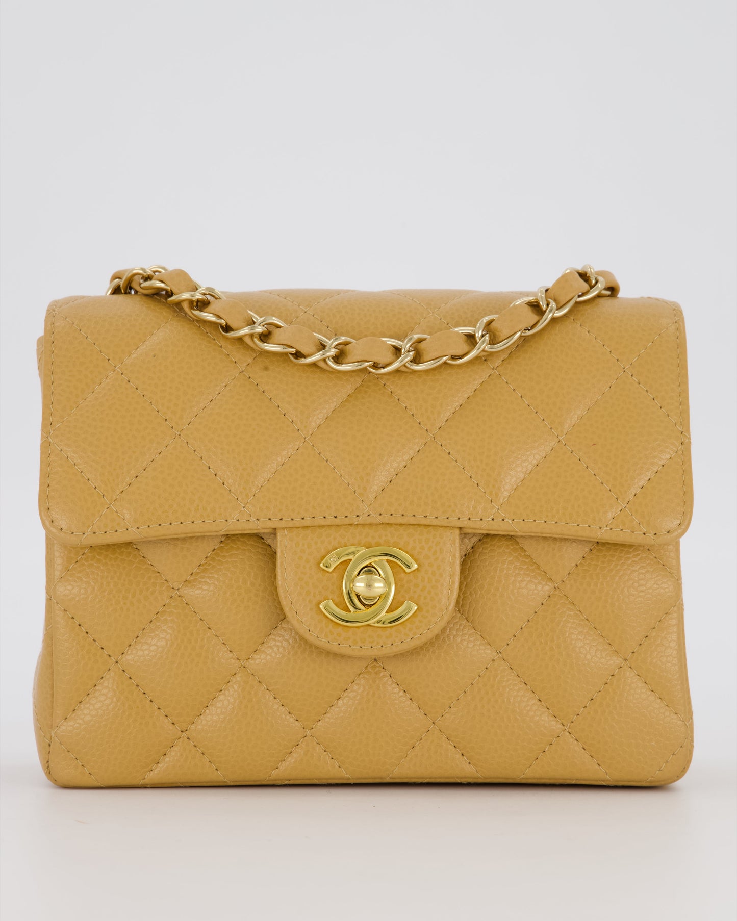 Chanel Mini Square Single Flap Bag In Caramel Caviar Leather With 24K Gold Hardware