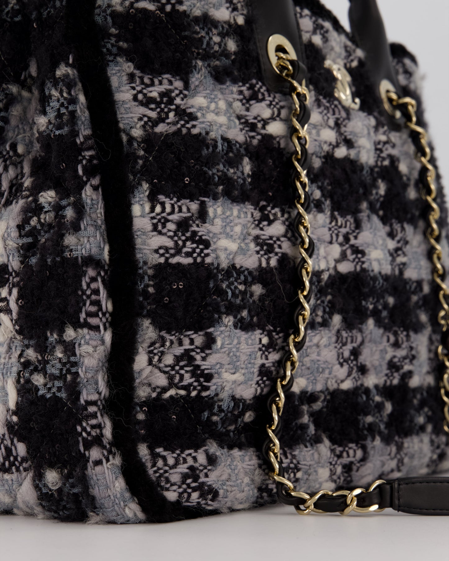 Chanel 25N Grey and Black Oqilted Tweed Shopping Tote Bag With Champagne Gold Hardware and Leather Handle