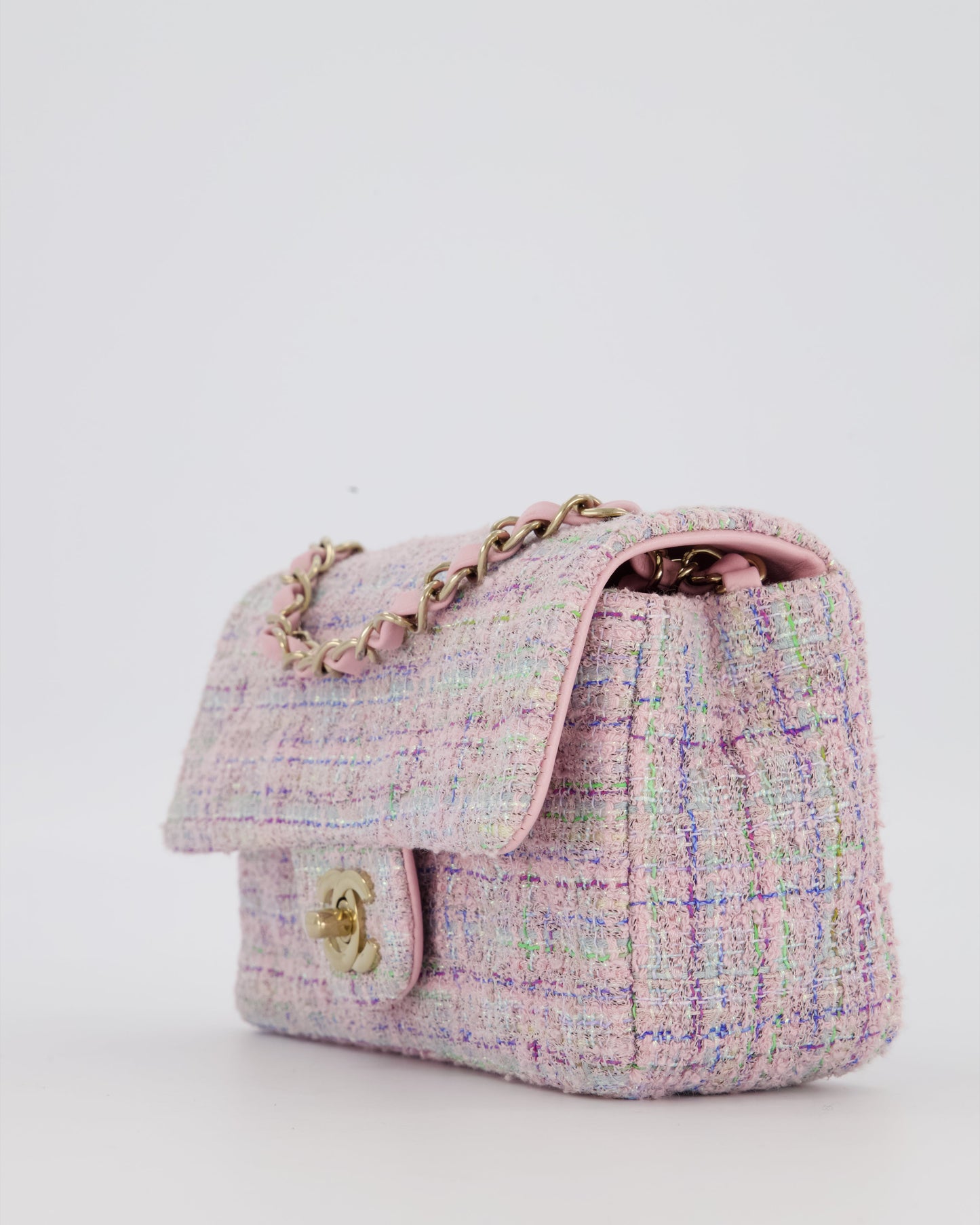 Chanel Lilac, Blue and Green Tweed Mini Rectangular Single Flap Bag with Gold Hardware