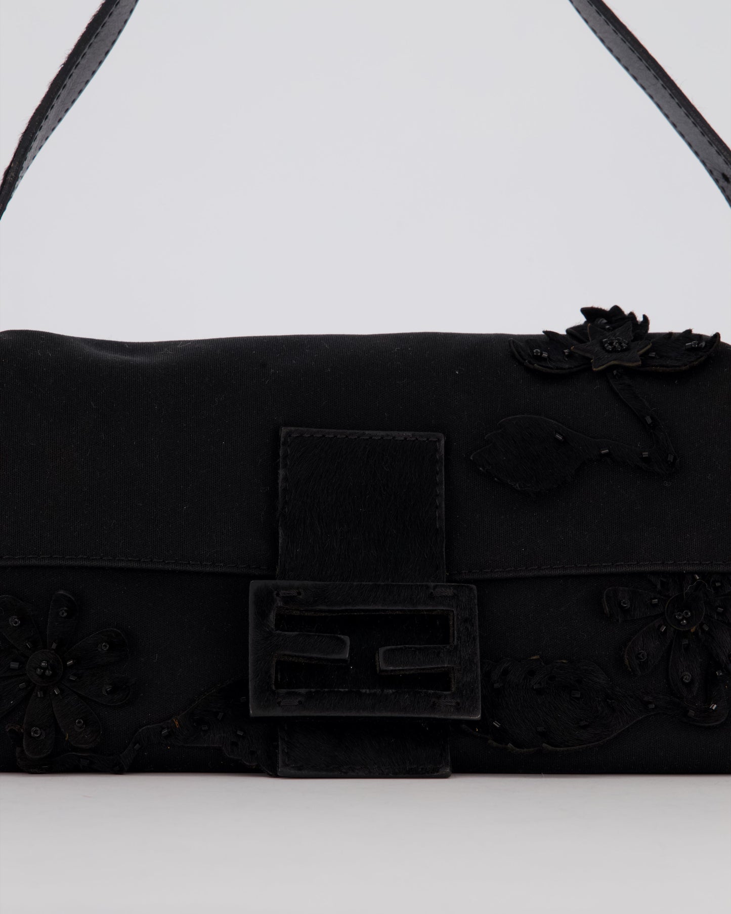 Fendi Black Baguette Floral Appliqué Shoulder Bag in Fabric & Pony Hair with Silver Hardware