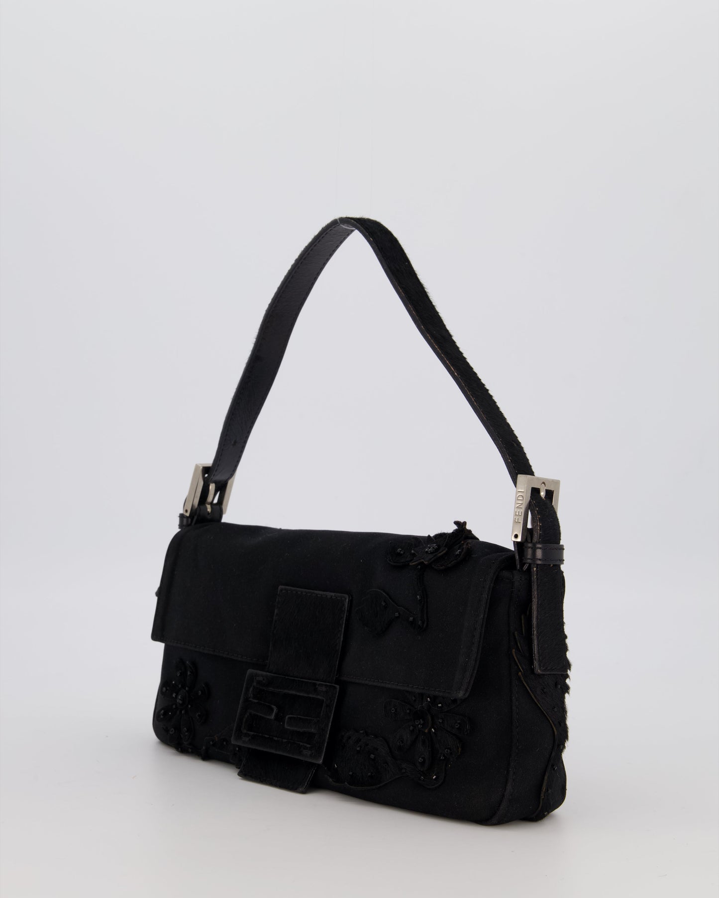 Fendi Black Baguette Floral Appliqué Shoulder Bag in Fabric & Pony Hair with Silver Hardware