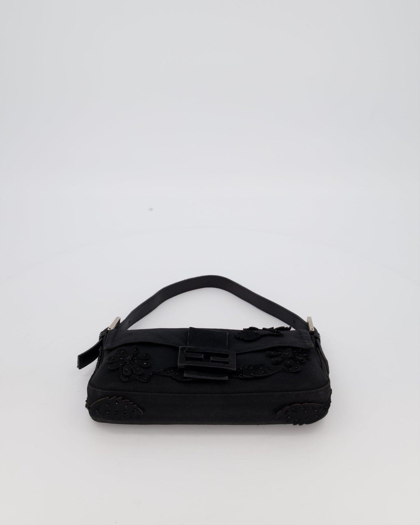 Fendi Black Baguette Floral Appliqué Shoulder Bag in Fabric & Pony Hair with Silver Hardware