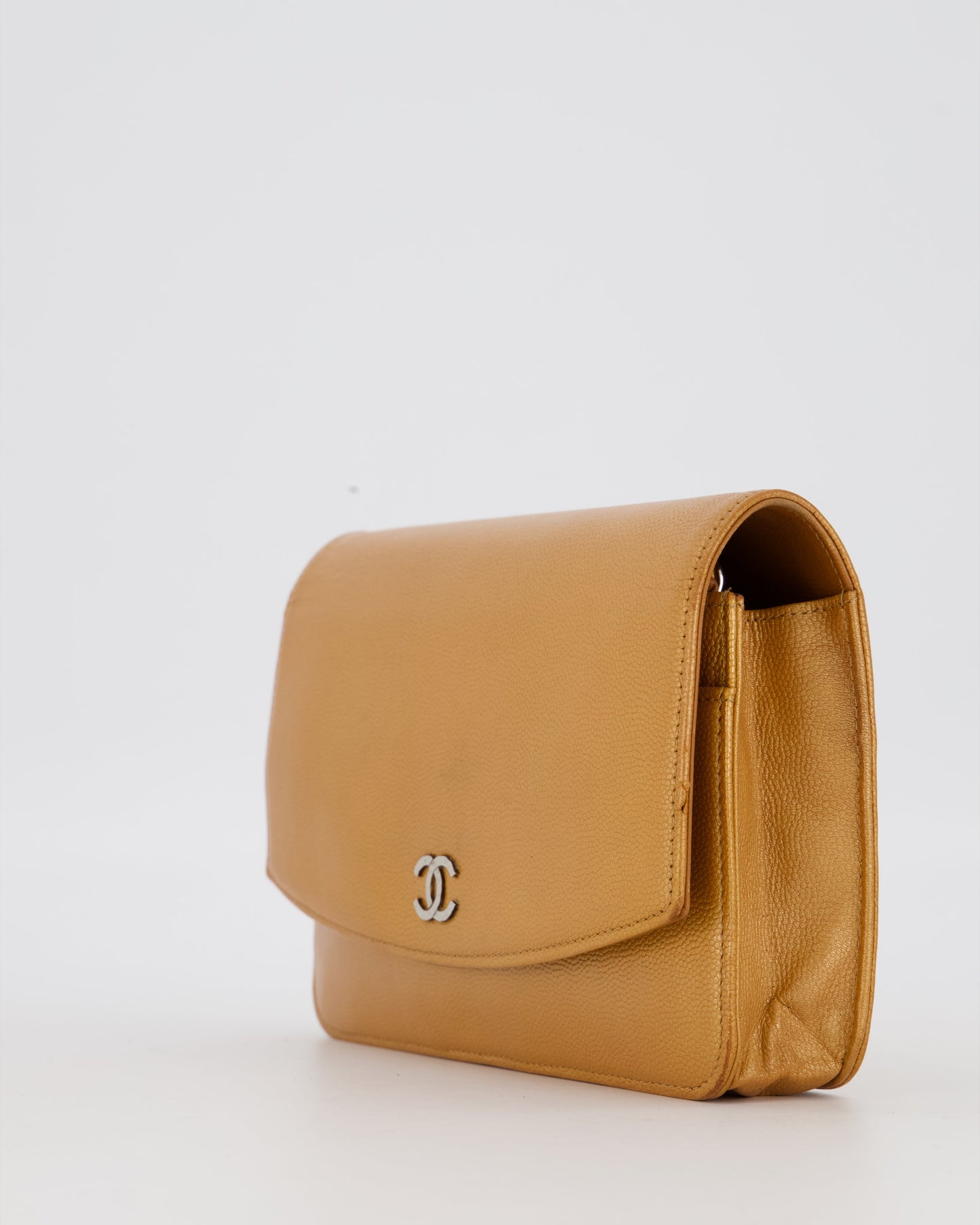 Chanel Gold Wallet on Chain Bag in Sevruga Caviar Leather with Silver Hardware