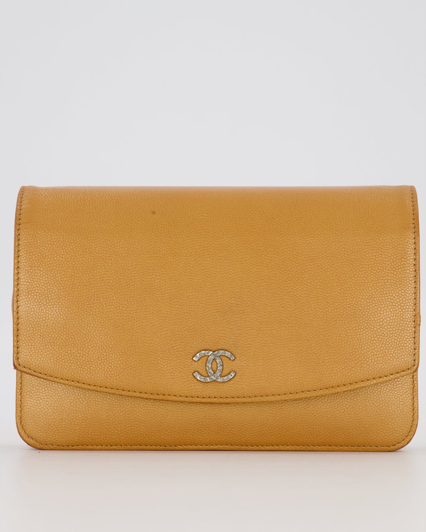 Chanel Gold Wallet on Chain Bag in Sevruga Caviar Leather with Silver Hardware