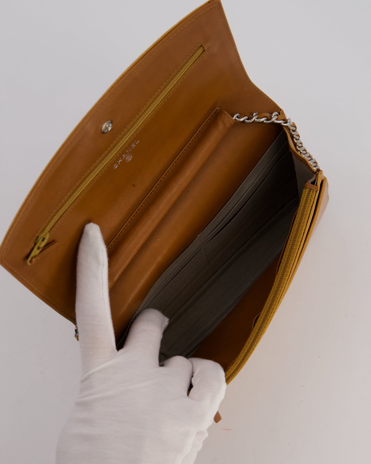 Chanel Gold Wallet on Chain Bag in Sevruga Caviar Leather with Silver Hardware