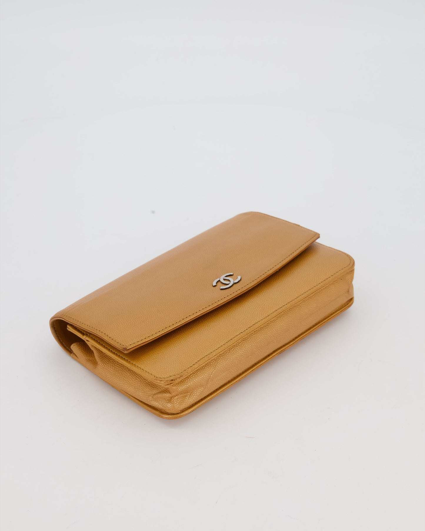 Chanel Gold Wallet on Chain Bag in Sevruga Caviar Leather with Silver Hardware