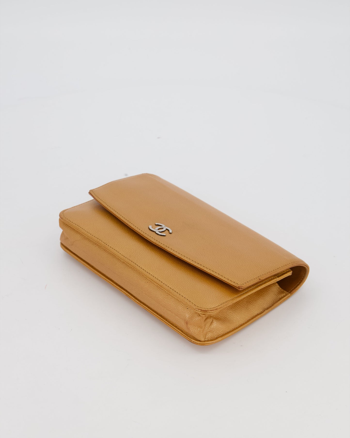 Chanel Gold Wallet on Chain Bag in Sevruga Caviar Leather with Silver Hardware