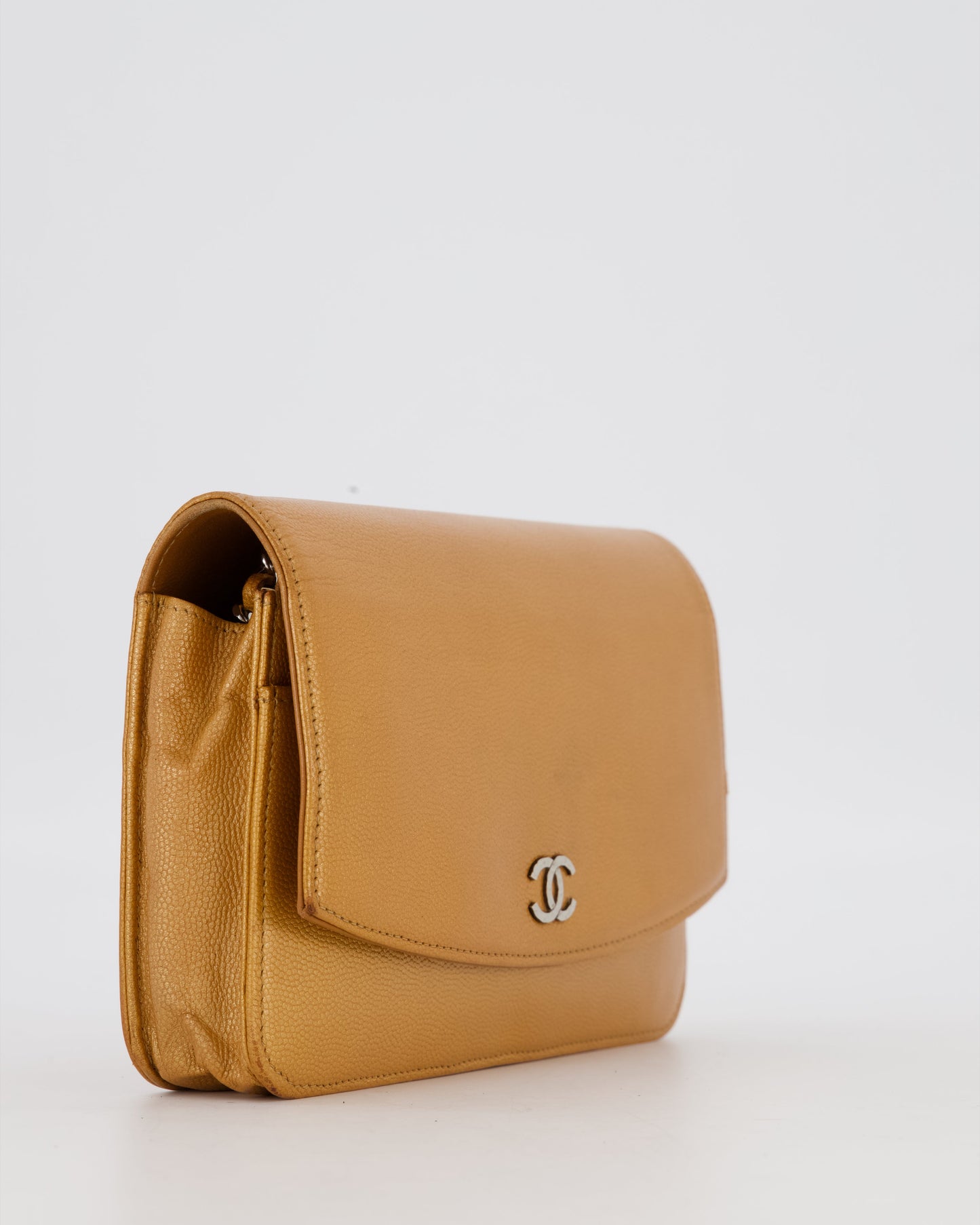Chanel Gold Wallet on Chain Bag in Sevruga Caviar Leather with Silver Hardware