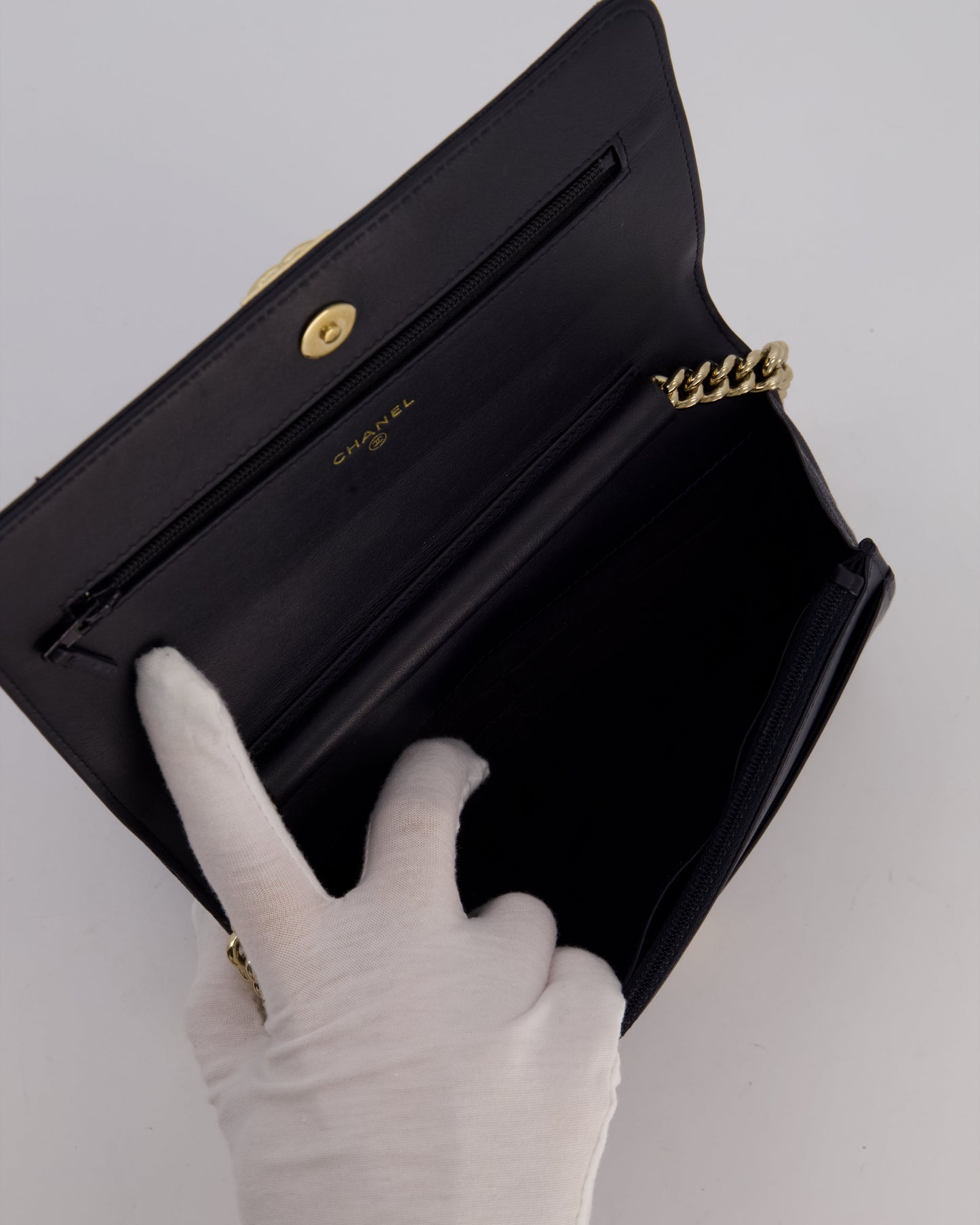 Chanel Navy Boy Wallet on Chain Bag in Caviar Leather with Gold Hardware