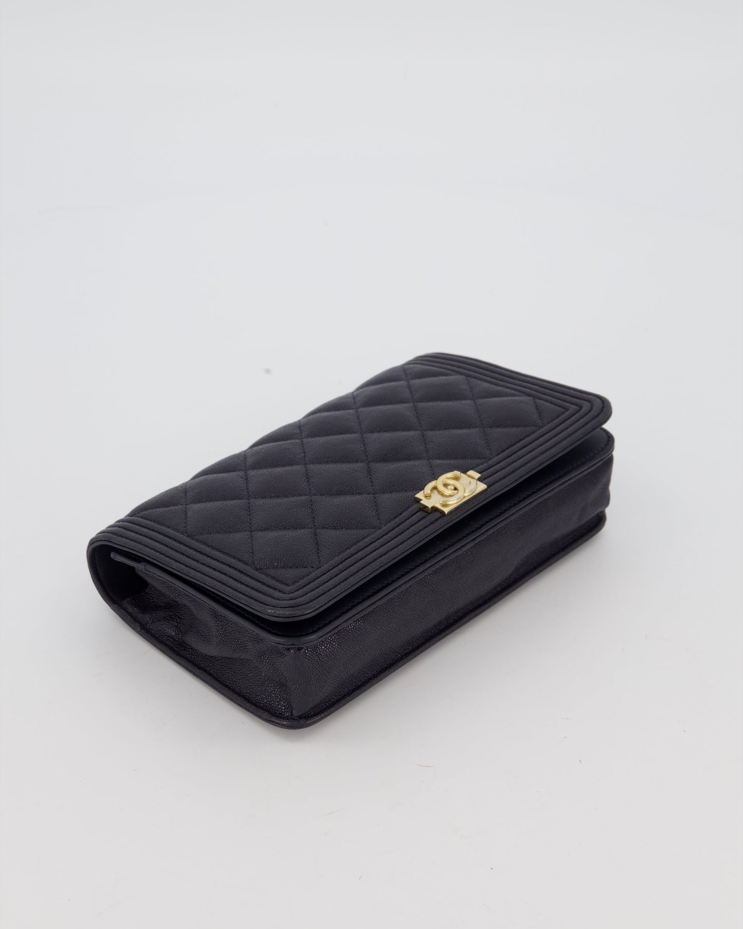 Chanel Navy Boy Wallet on Chain Bag in Caviar Leather with Gold Hardware