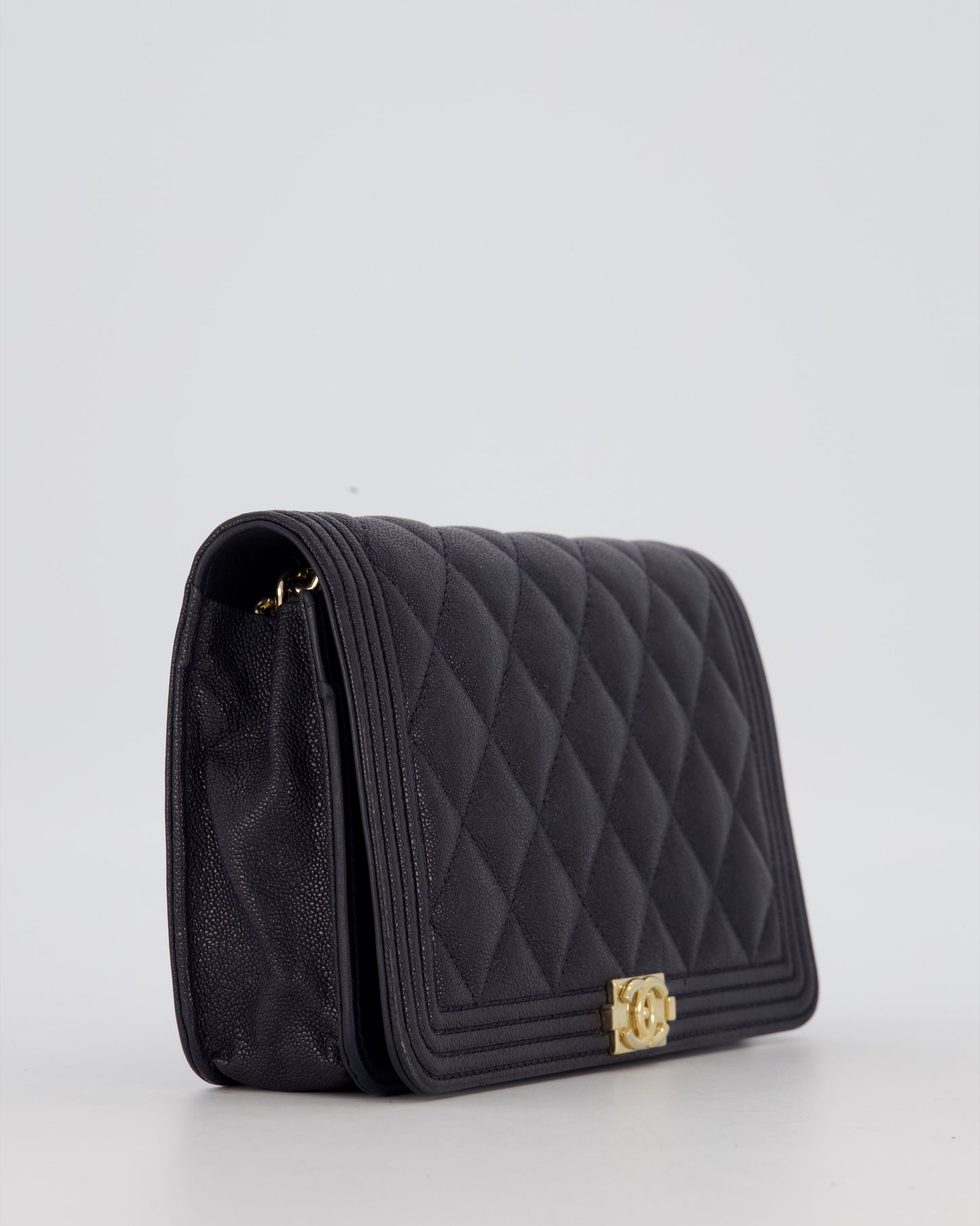 Chanel Navy Boy Wallet on Chain Bag in Caviar Leather with Gold Hardware