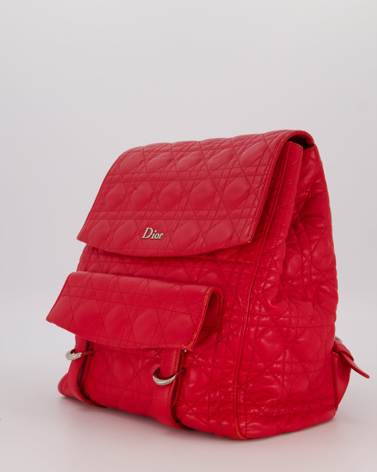 Christian Dior Red Cannage Leather Stardust Backpack with Silver Hardware
