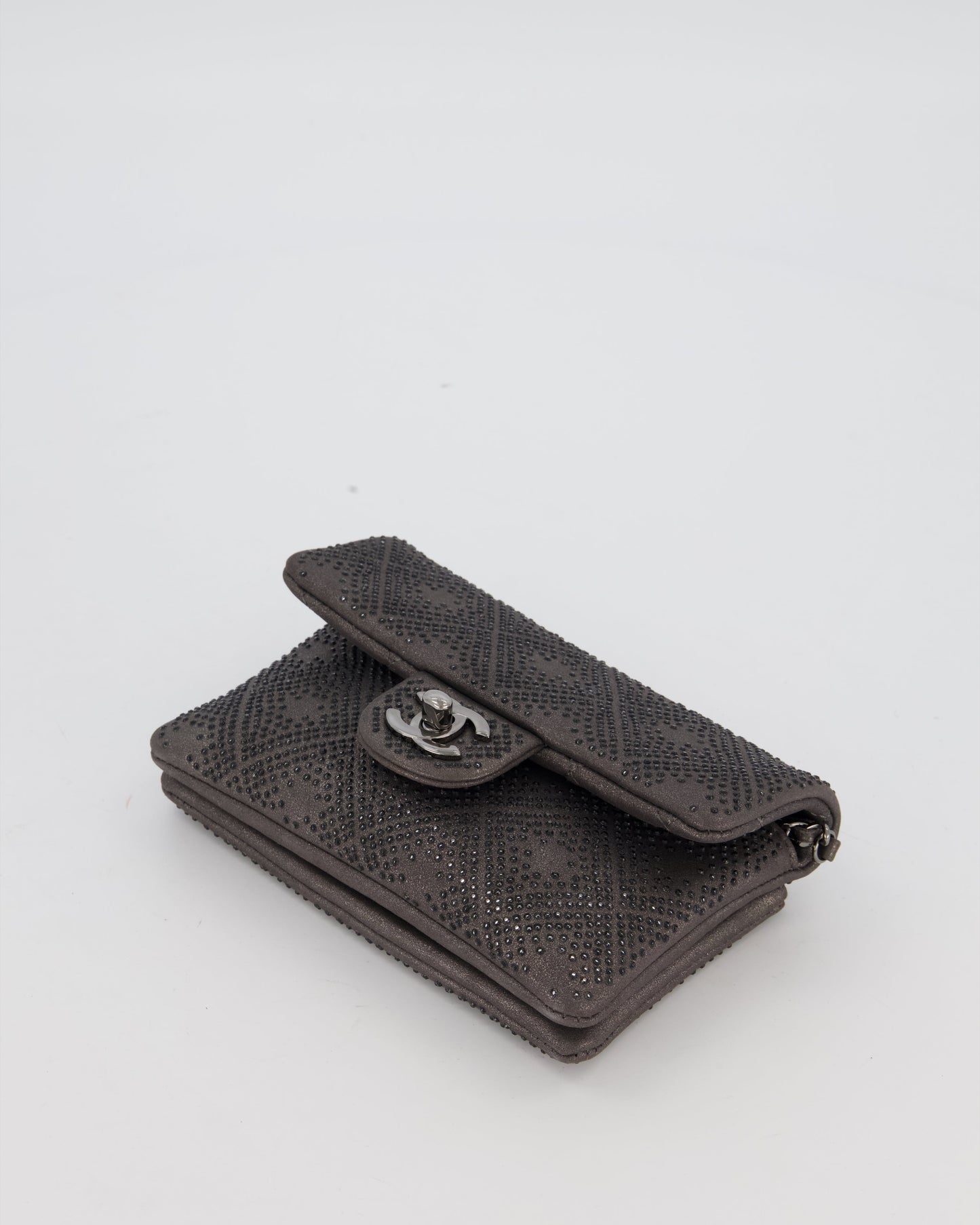 Chanel Grey Embellished Rhinestones Mini Flap Bag in Suede Leather With Gunmetal Hardware