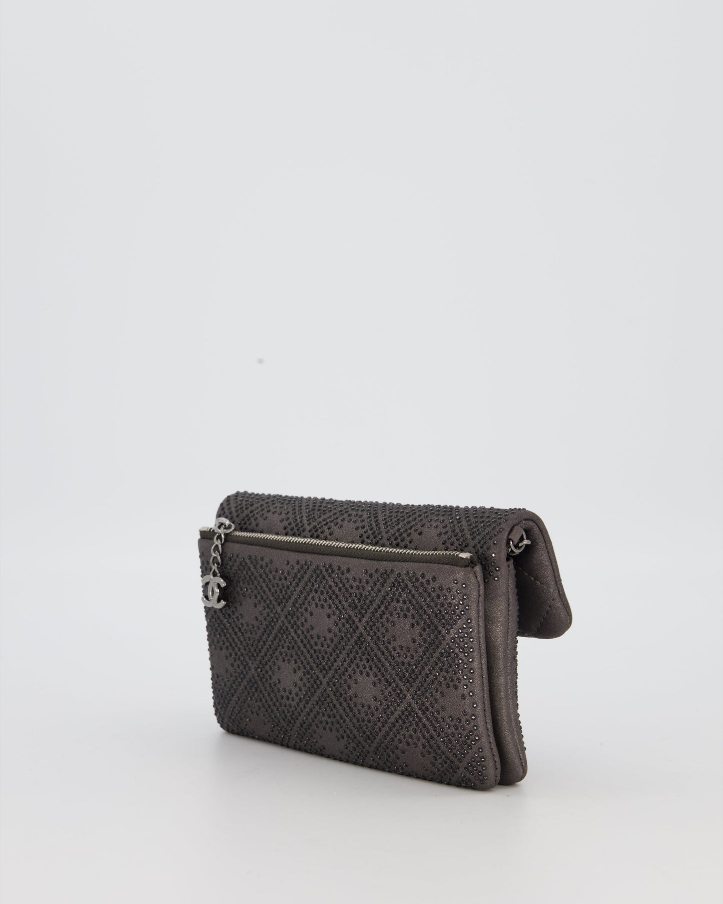 Chanel Grey Embellished Rhinestones Mini Flap Bag in Suede Leather With Gunmetal Hardware