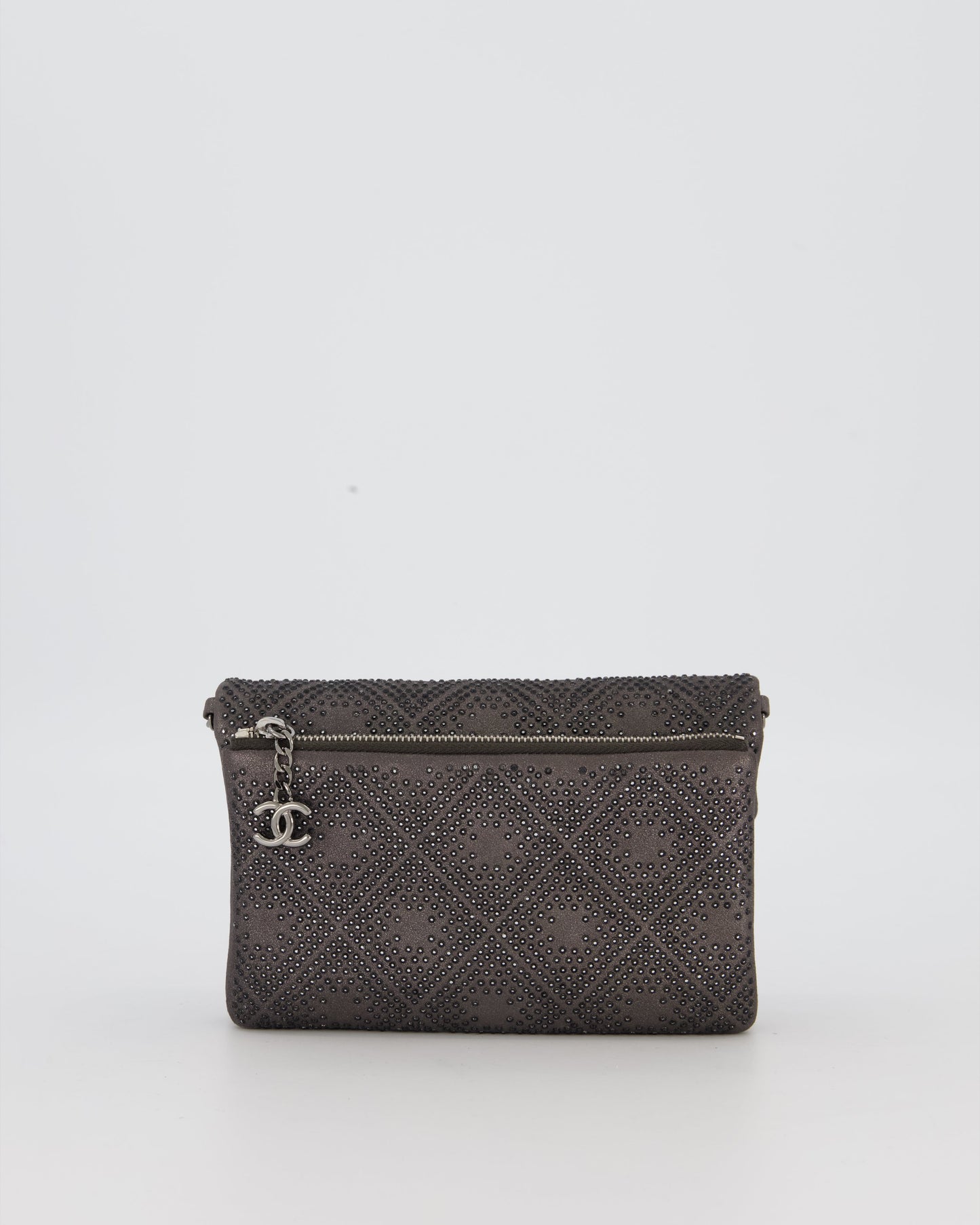 Chanel Grey Embellished Rhinestones Mini Flap Bag in Suede Leather With Gunmetal Hardware