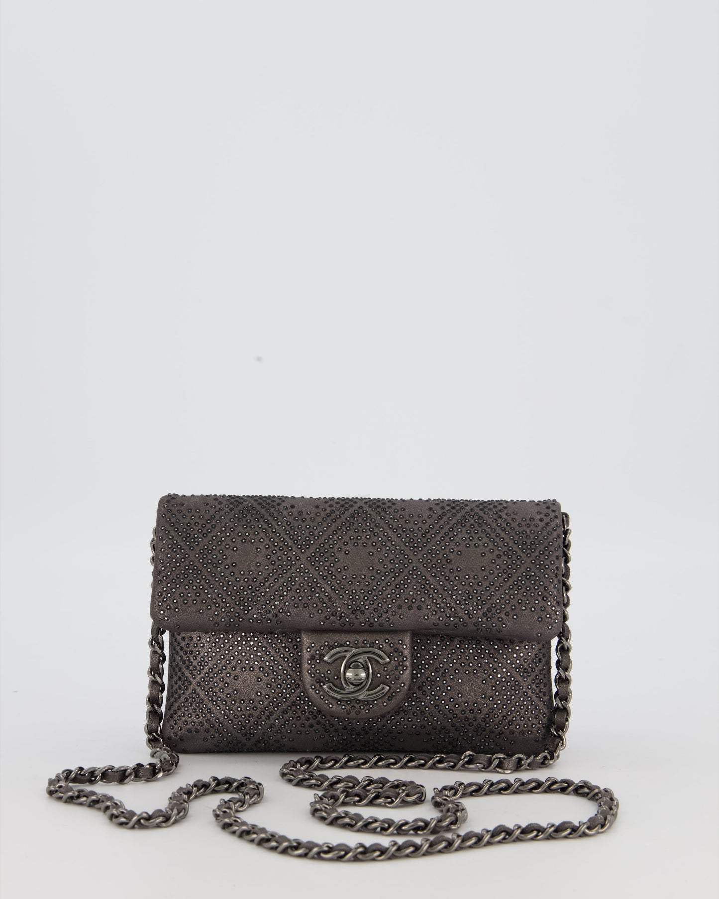 Chanel Grey Embellished Rhinestones Mini Flap Bag in Suede Leather With Gunmetal Hardware