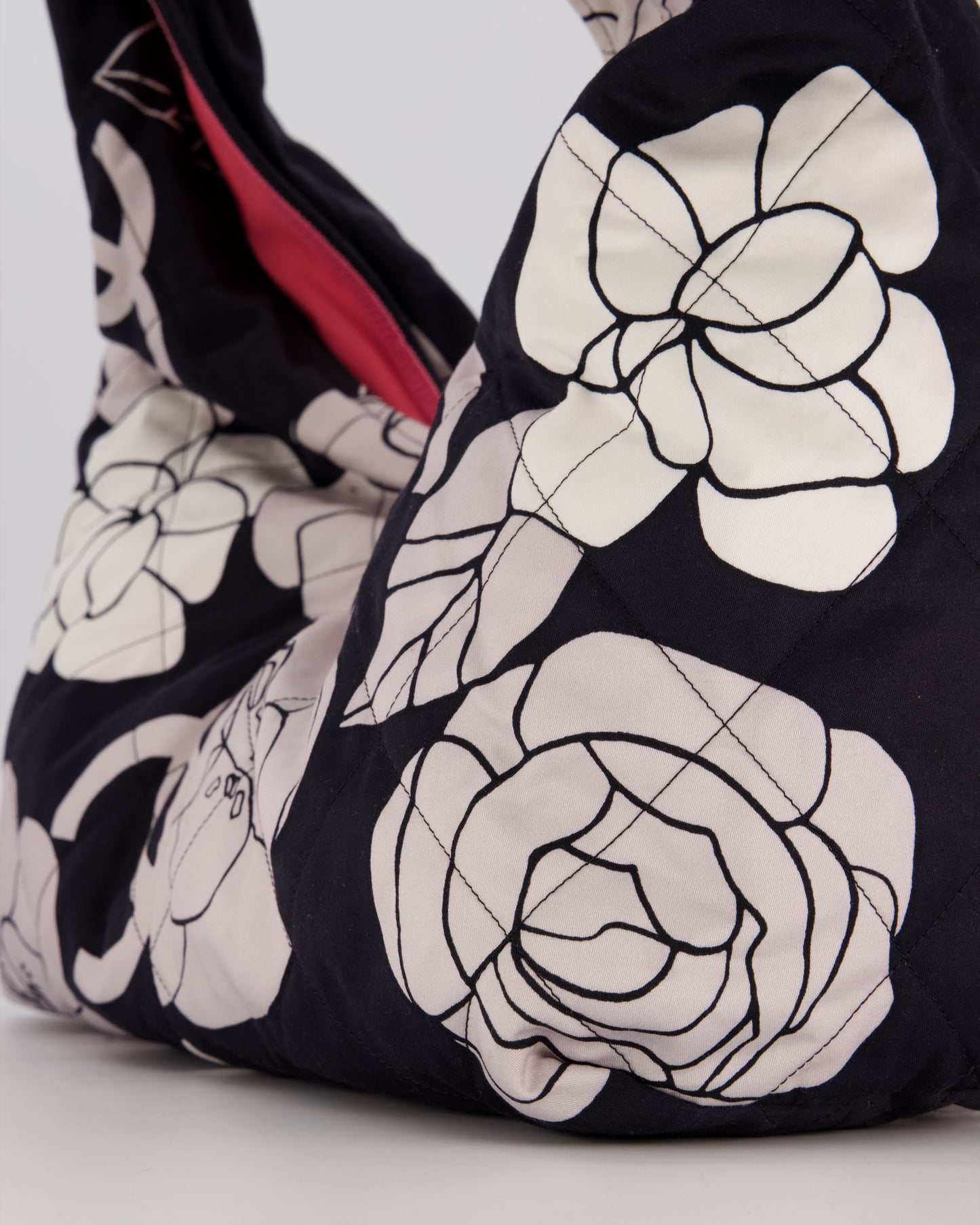 Chanel Black and White Camellia Large Hobo Bag in Fabric with Pink Interior and Gold Hardware