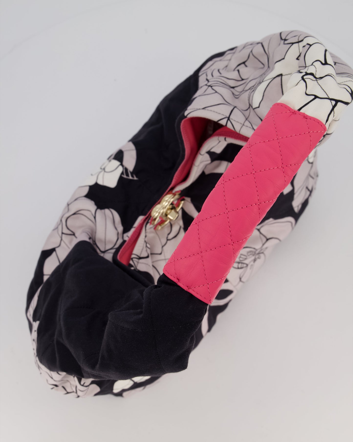 Chanel Black and White Camellia Large Hobo Bag in Fabric with Pink Interior and Gold Hardware
