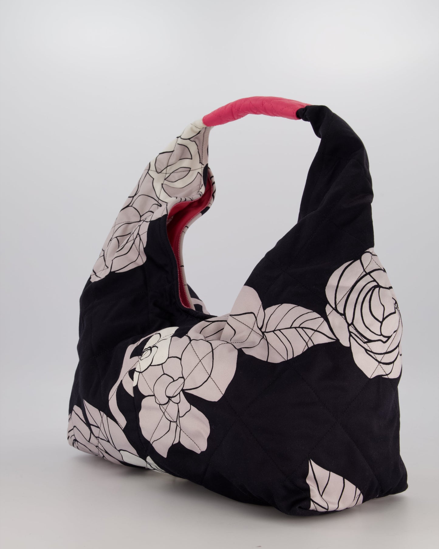 Chanel Black and White Camellia Large Hobo Bag in Fabric with Pink Interior and Gold Hardware