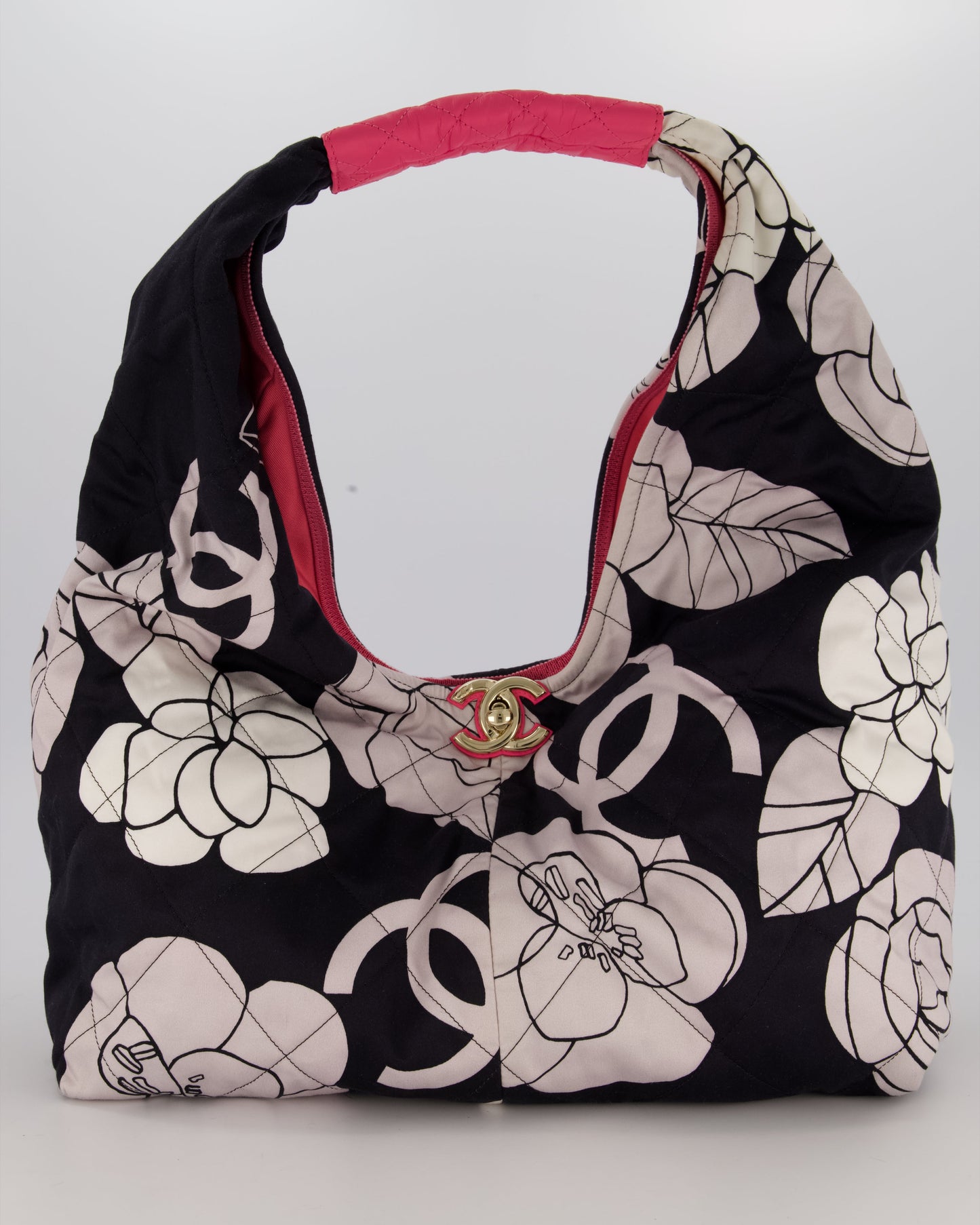 Chanel Black and White Camellia Large Hobo Bag in Fabric with Pink Interior and Gold Hardware