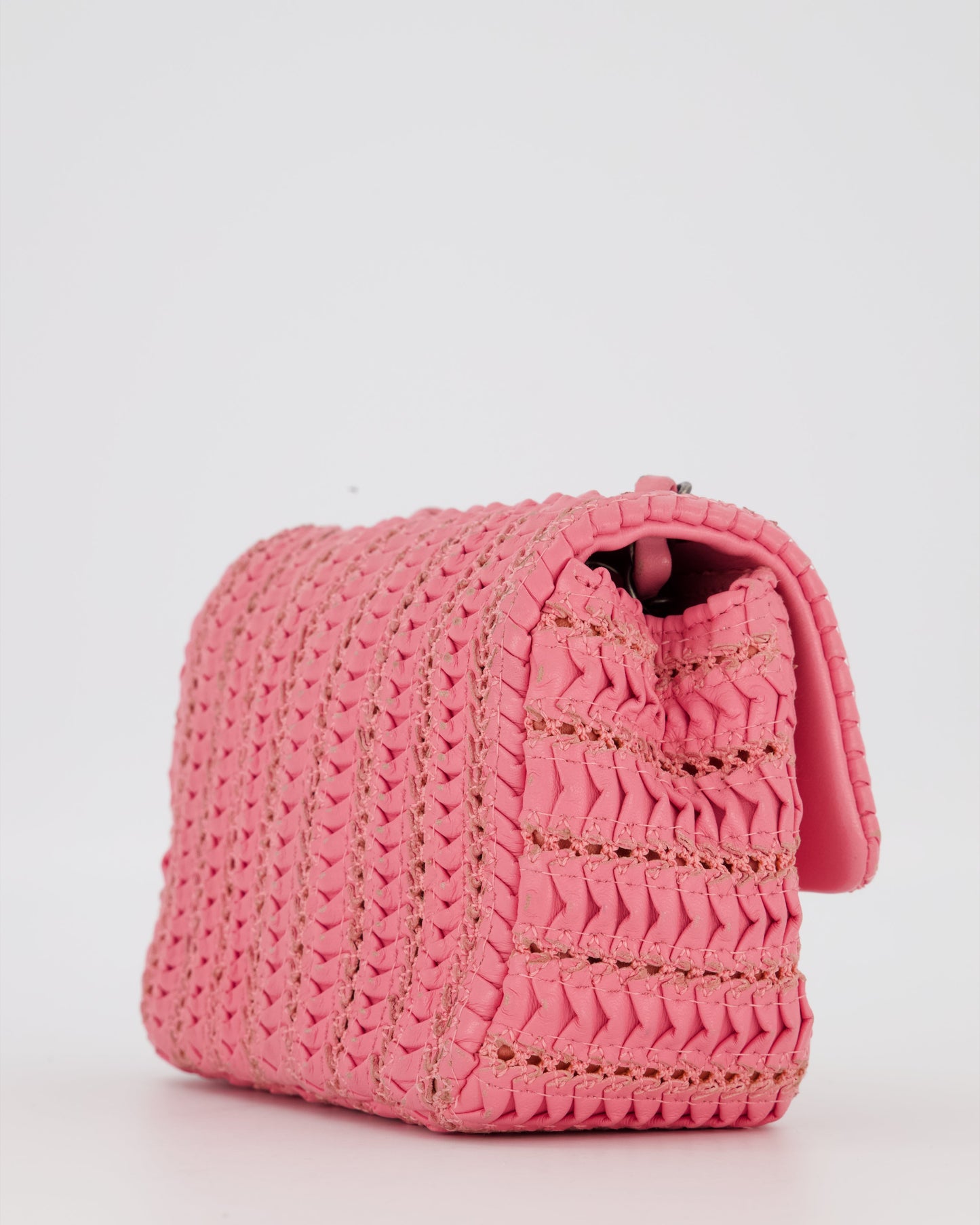 Chanel Pink Crochet Lambskin Leather Mini Rectangular Single Flap Bag with Gun Metal Hardware