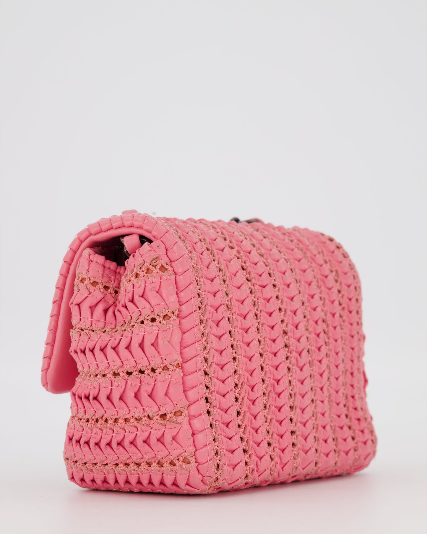 Chanel Pink Crochet Lambskin Leather Mini Rectangular Single Flap Bag with Gun Metal Hardware