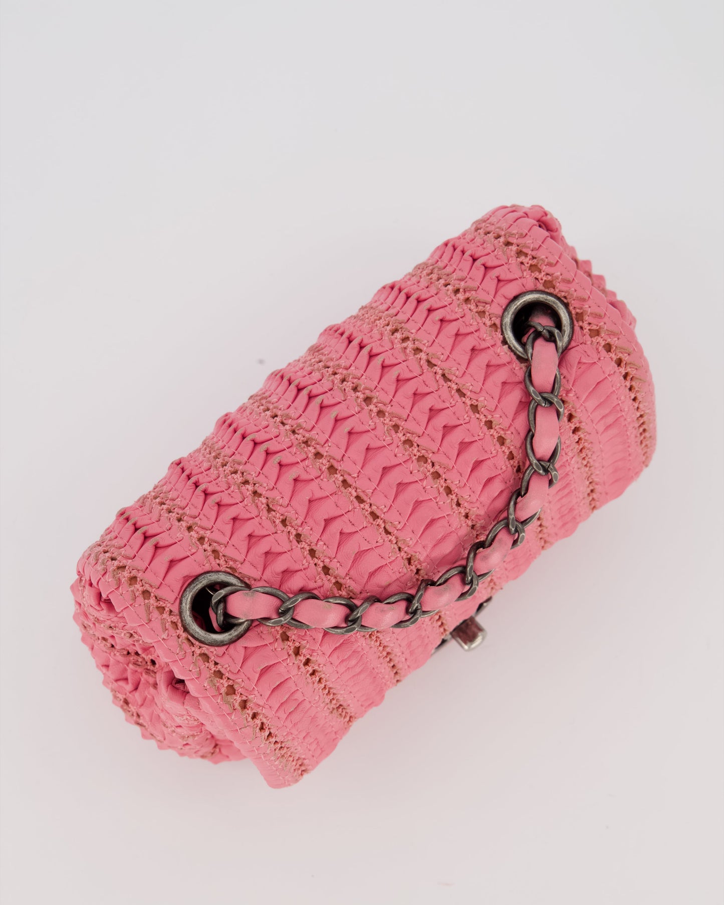 Chanel Pink Crochet Lambskin Leather Mini Rectangular Single Flap Bag with Gun Metal Hardware