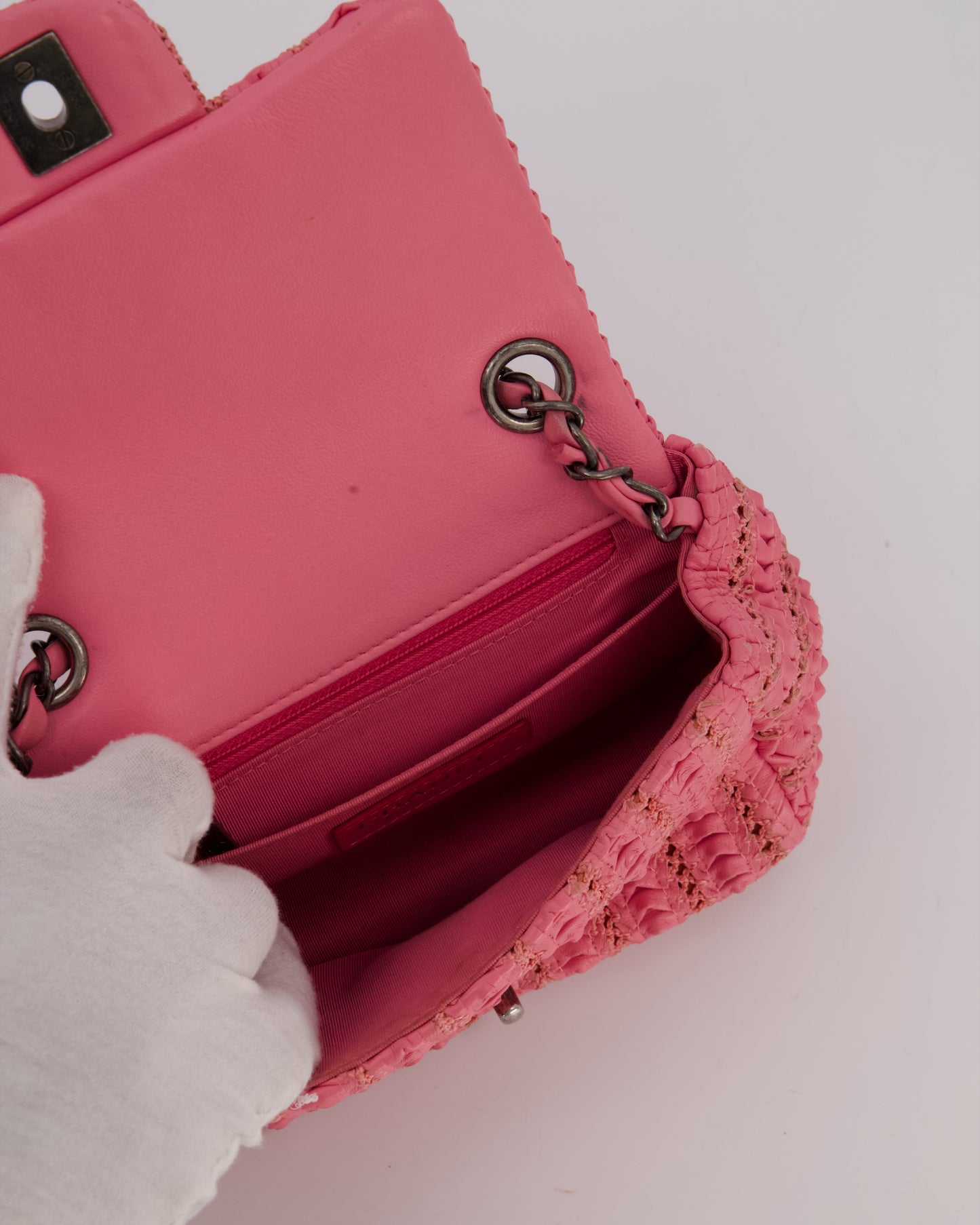 Chanel Pink Crochet Lambskin Leather Mini Rectangular Single Flap Bag with Gun Metal Hardware